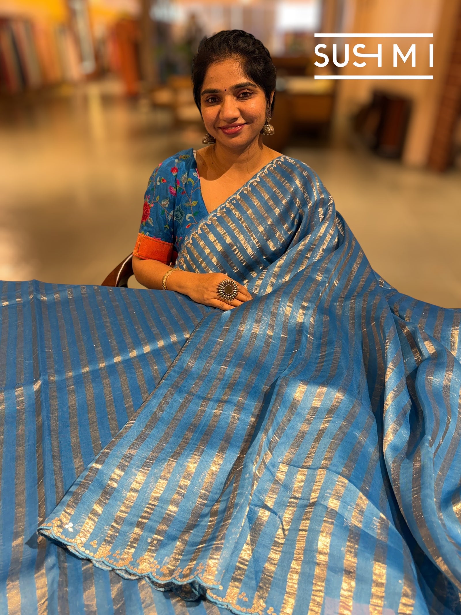 Cobalt Blue Mul tissue stripes saree with fusion blouse : D62137