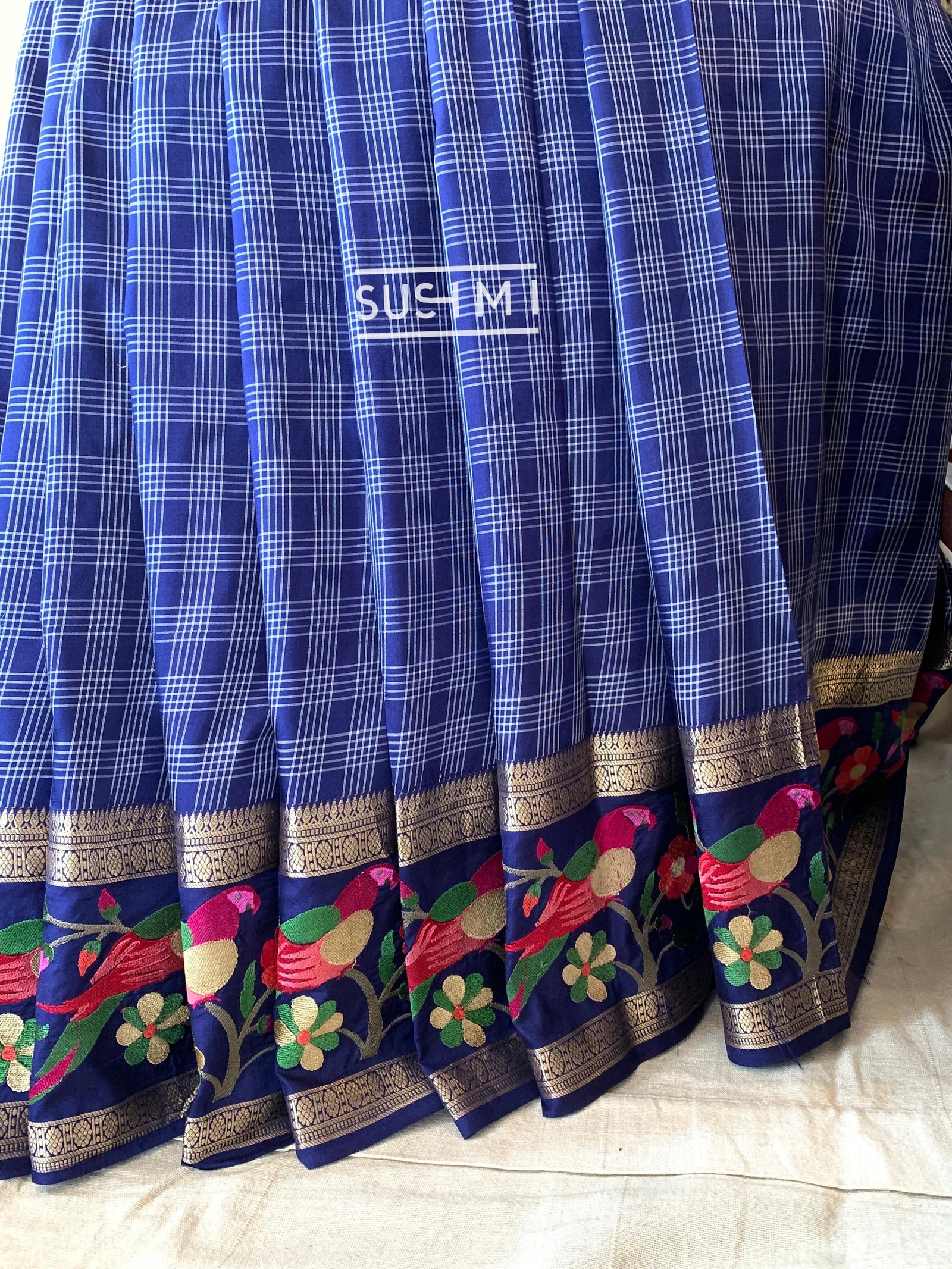 Midnight Blue Vintage checks Kanjeevaram soft silk saree with embroidery D62F040