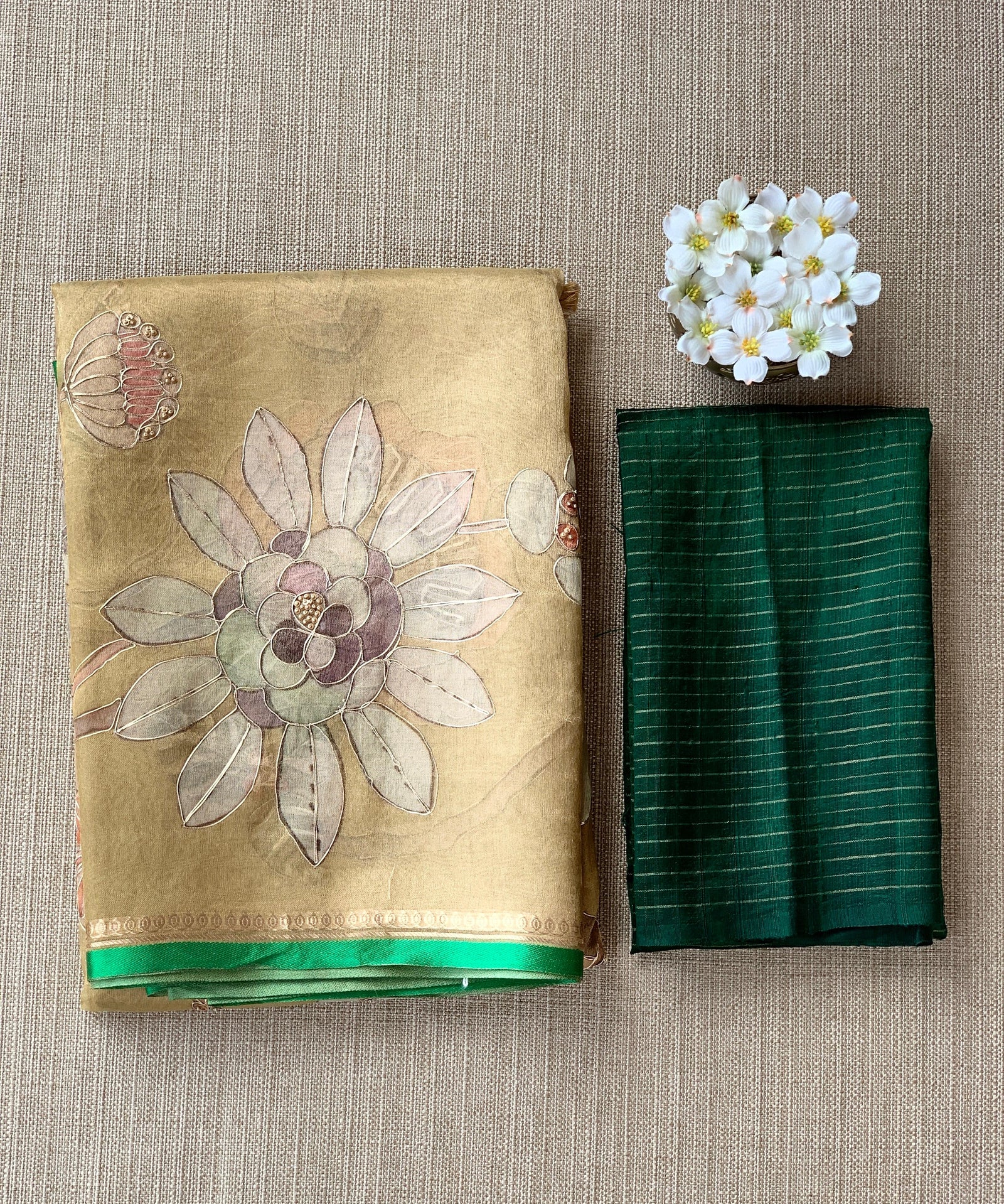 Gold Printed Banarasi Tissue with Handwork