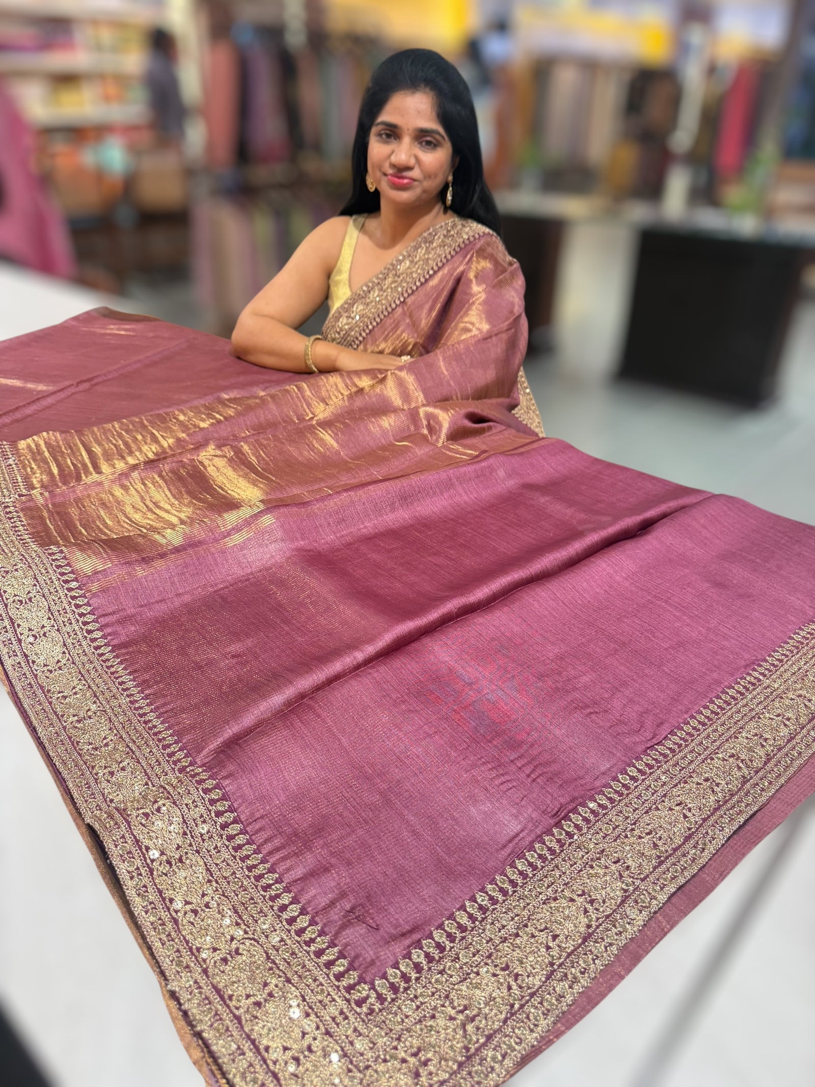 Wine kora Muslin Tissue fusion saree