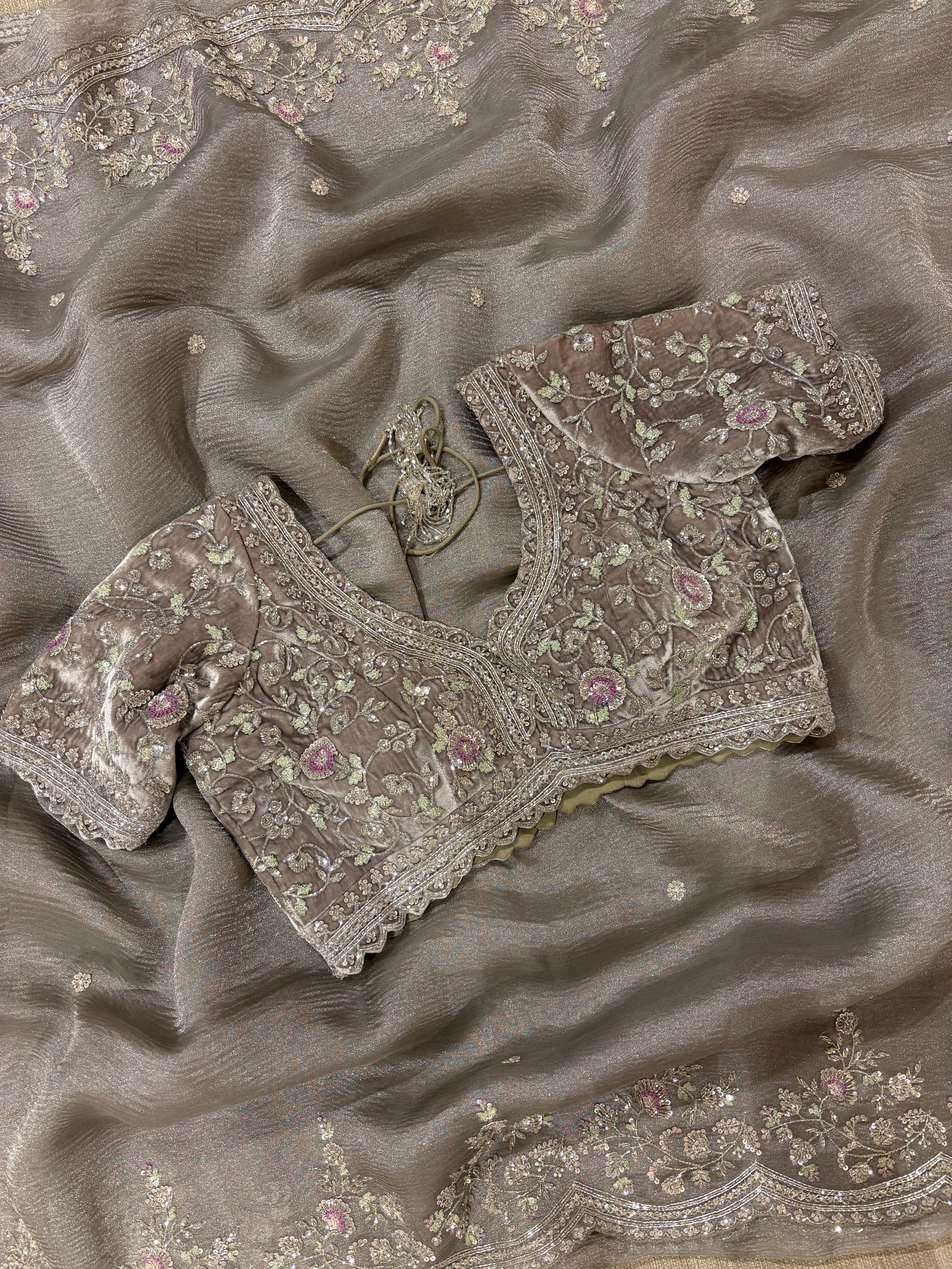 Greyish silver Crush Tissue handwork Saree