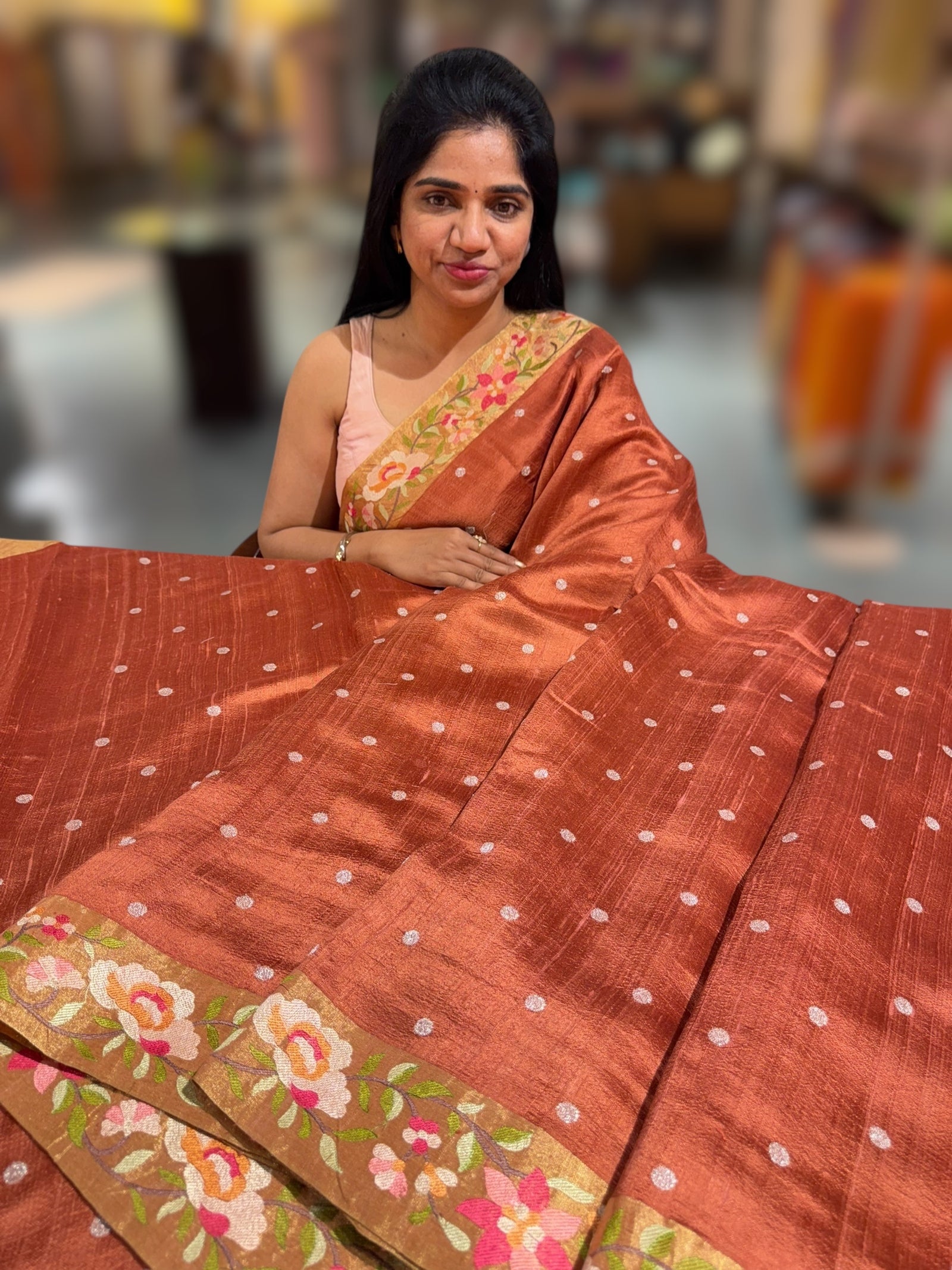 Rust Raw Silk Saree with Embroidery
