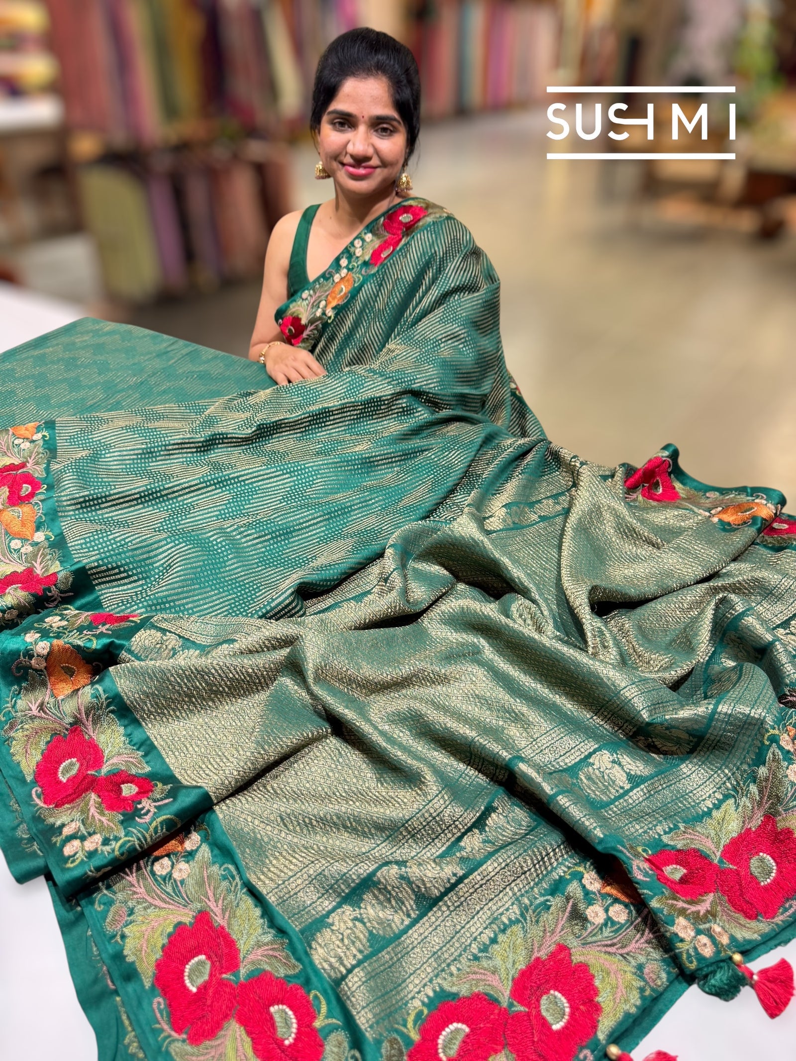 Bottle Green Mysore silk with embroidered border S62F063