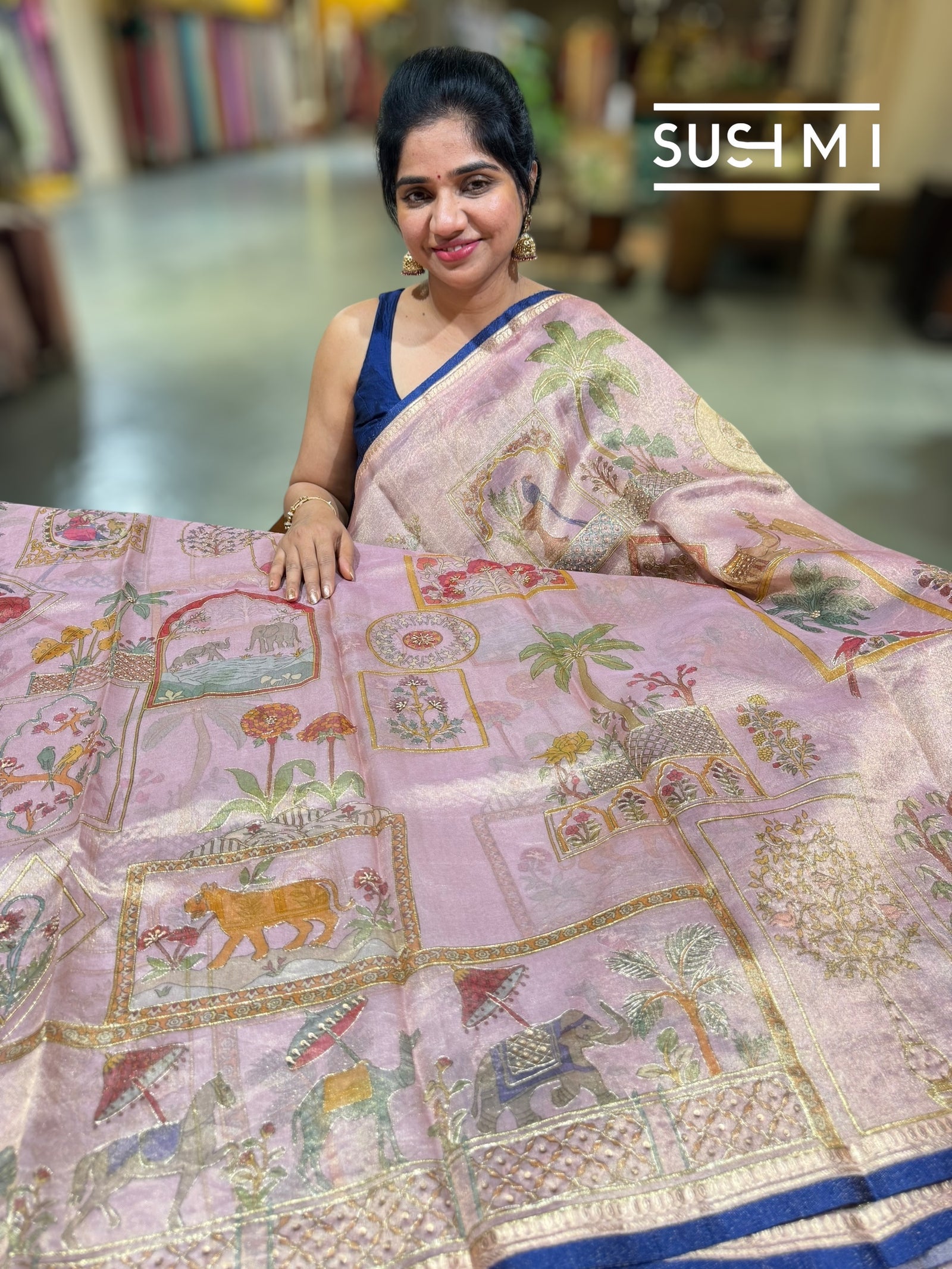 Pastel Pink Banarasi printed Tissue saree with handwork D62F057