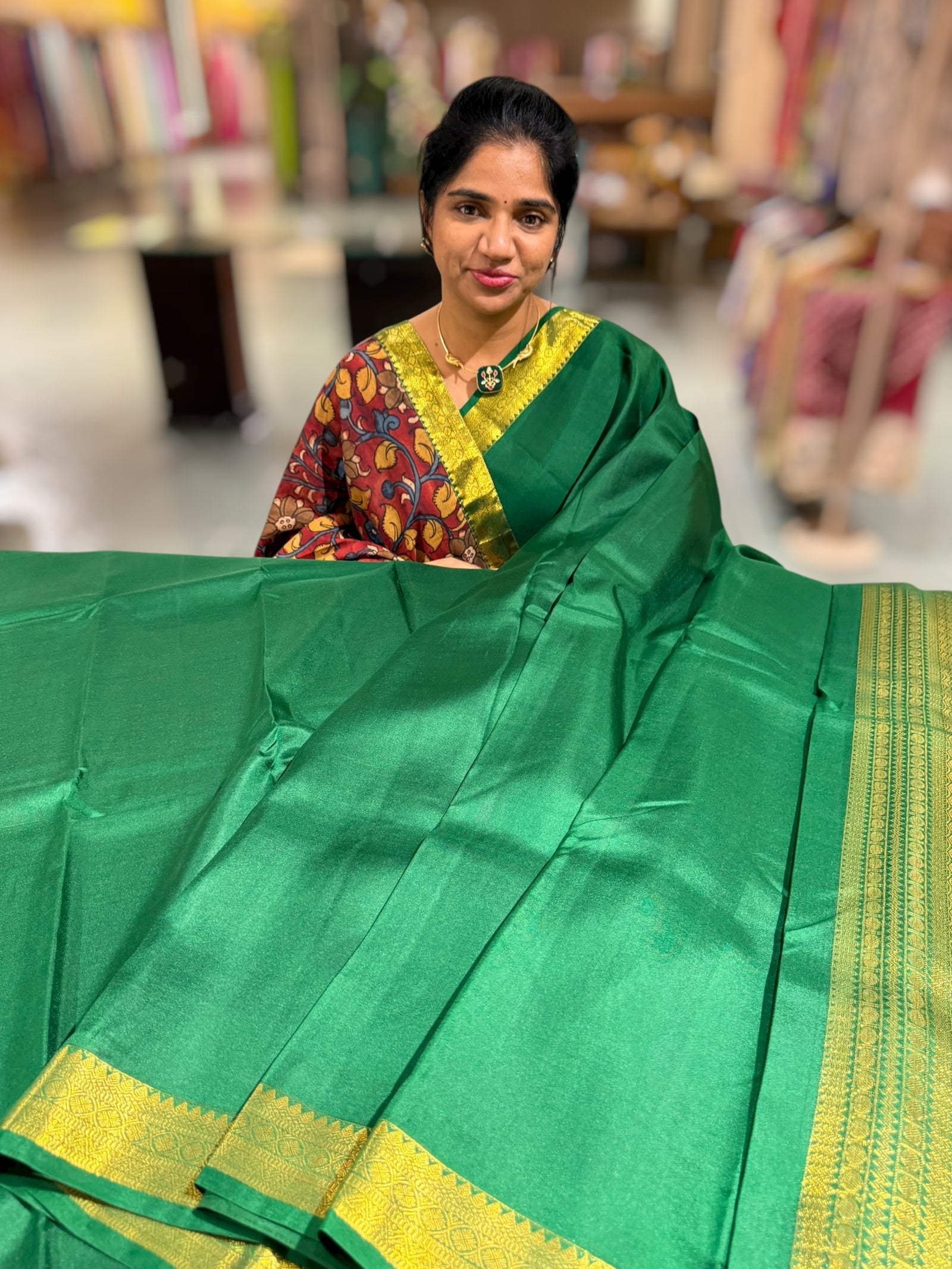 Emerald Green vintage Kanchipuram silk saree with pen kalamkari blousel