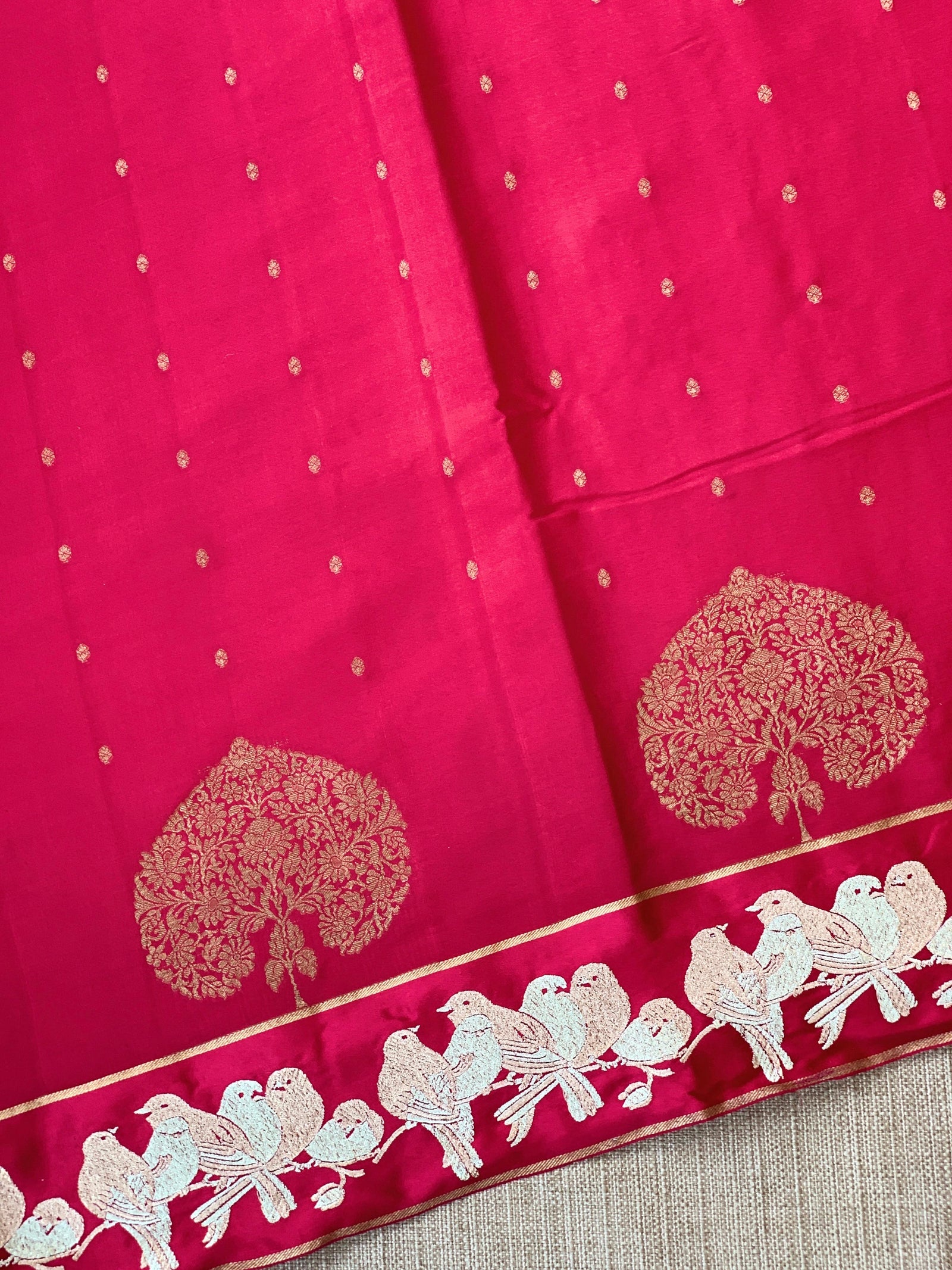 Dark Ruby Pink Mysore silk saree with woven motif and embroidered border : D62128