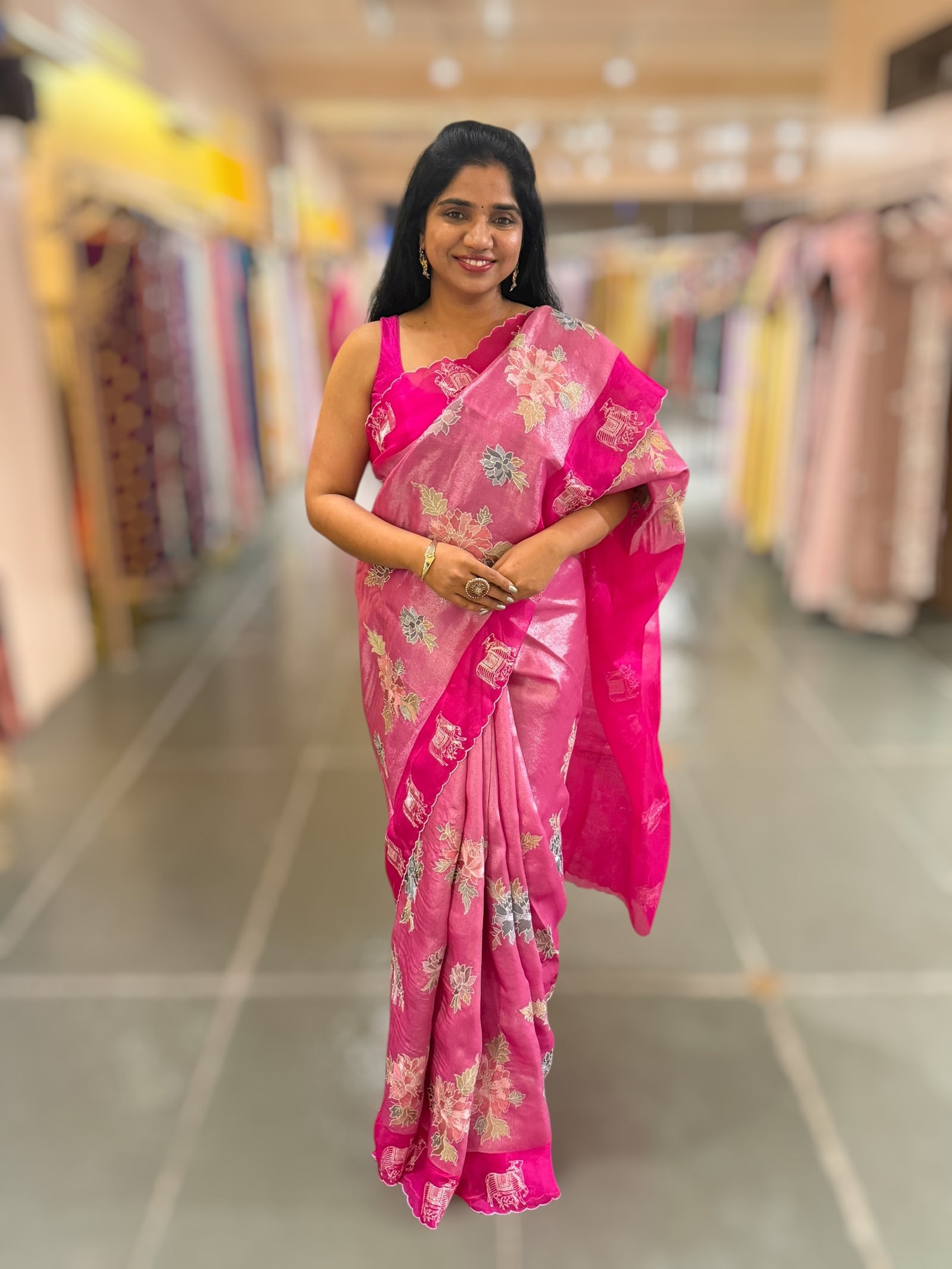 Fushcia Pink Premium Handloom Designer Tissue saree with exquisite embroidery