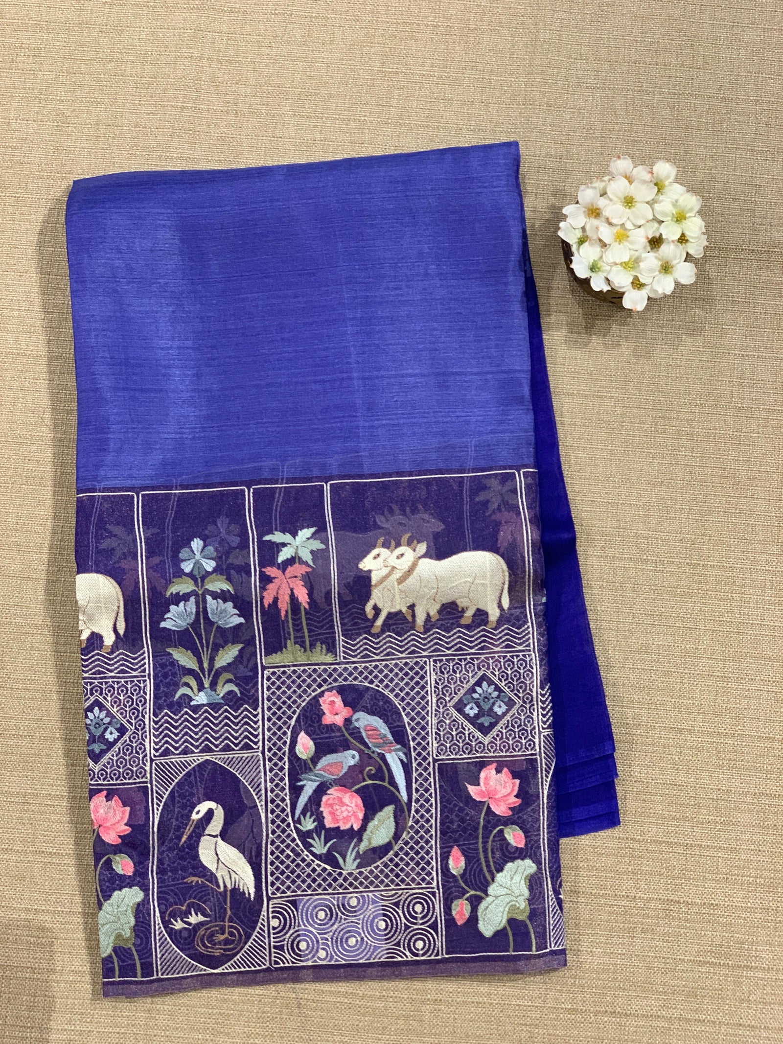 Royal Blue Kora-Tussar blend Handloom Saree with Tissue embroidered Skirt Border