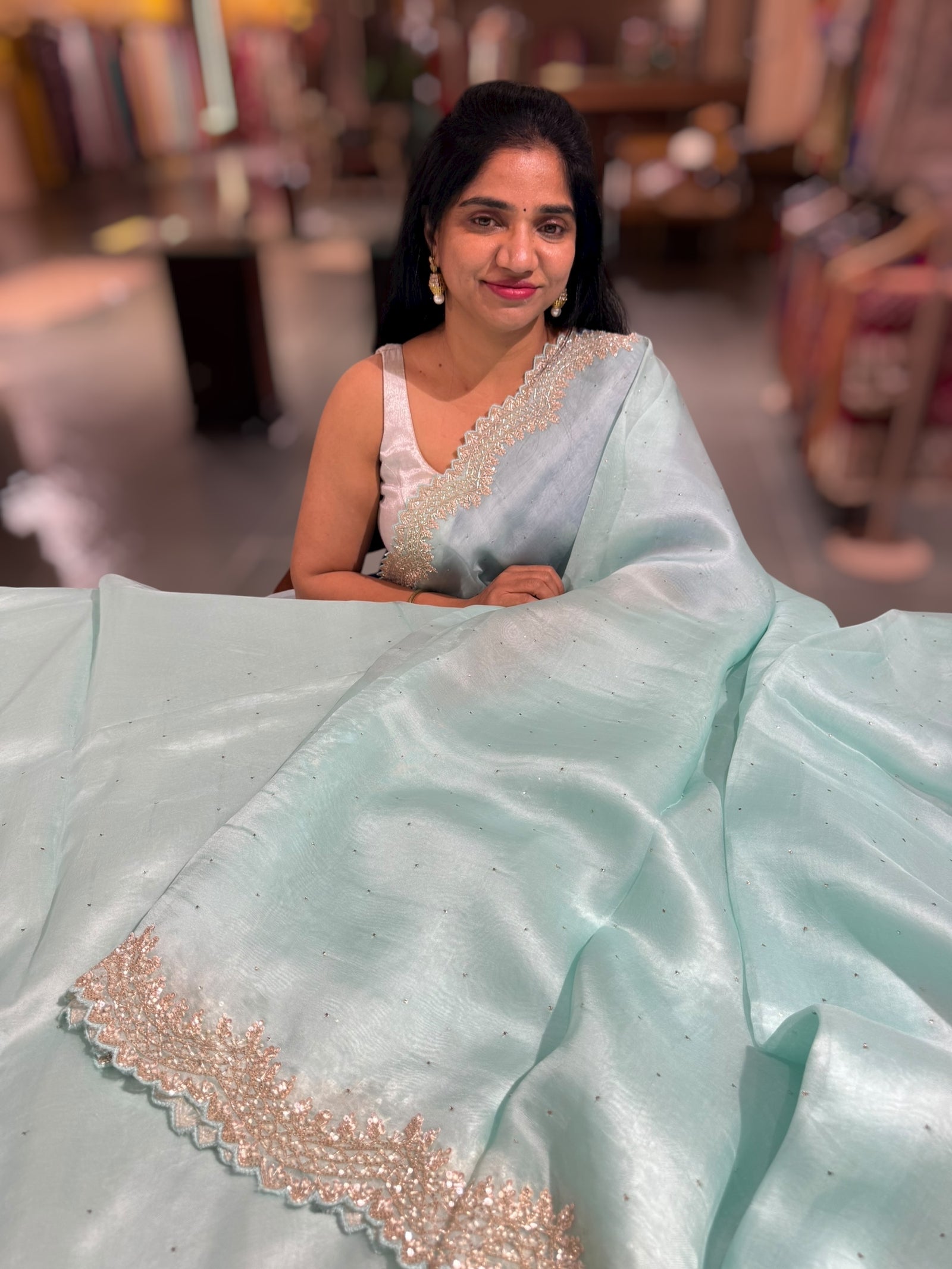 Mint Blue Pure Organza Handwork Saree with heavy Designer Blouse