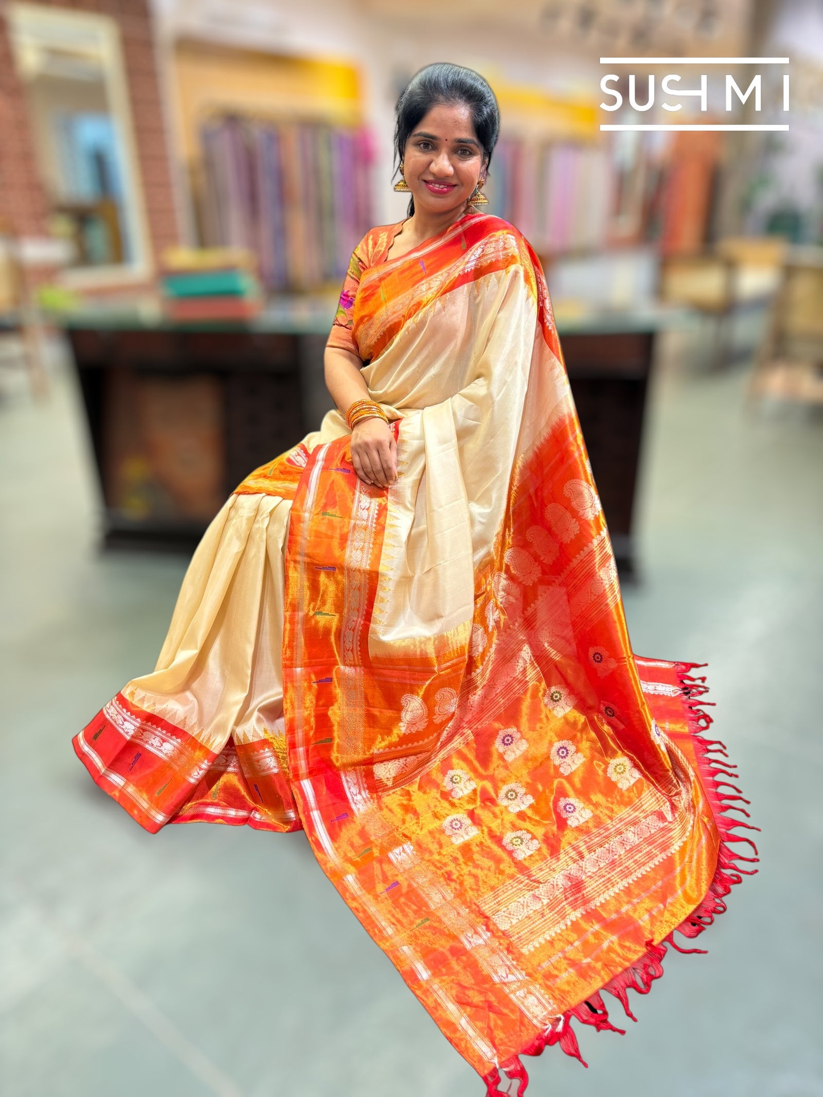 Beige Gadwal Silk Saree with Paithani border : S62F180