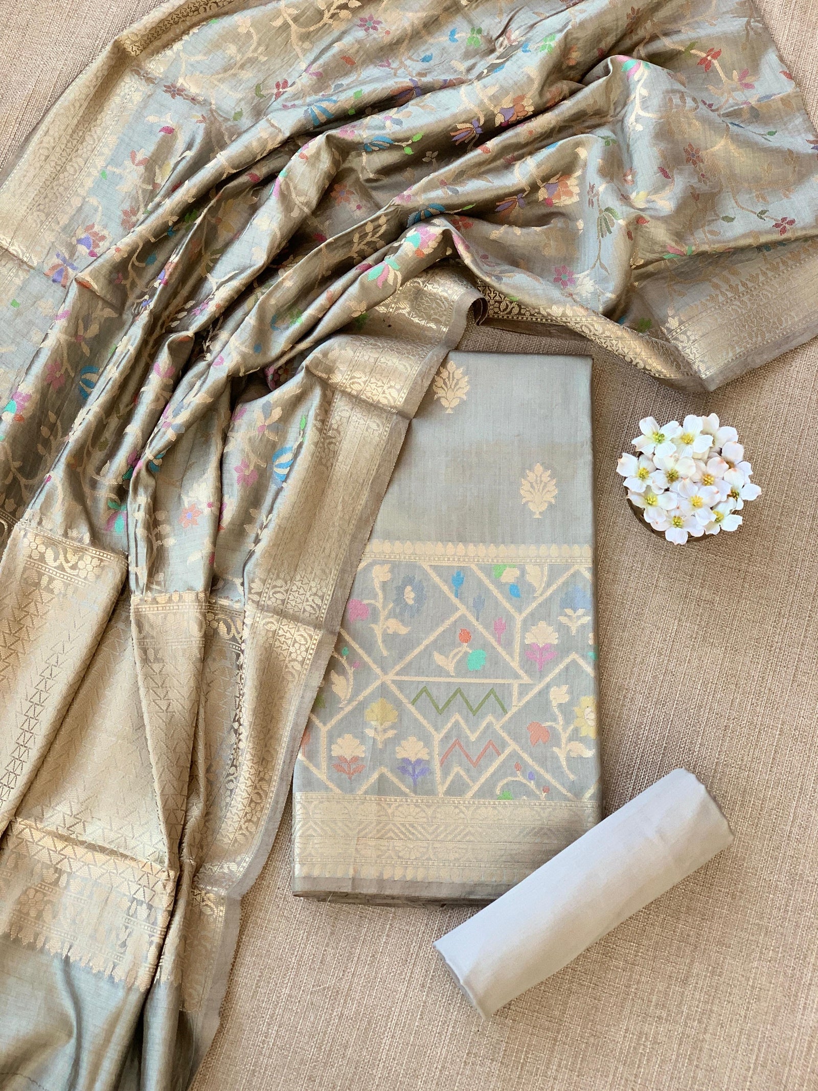 Earthy Tone Banarasi Chiniya Silk 3-pc Suit set : SS62J18