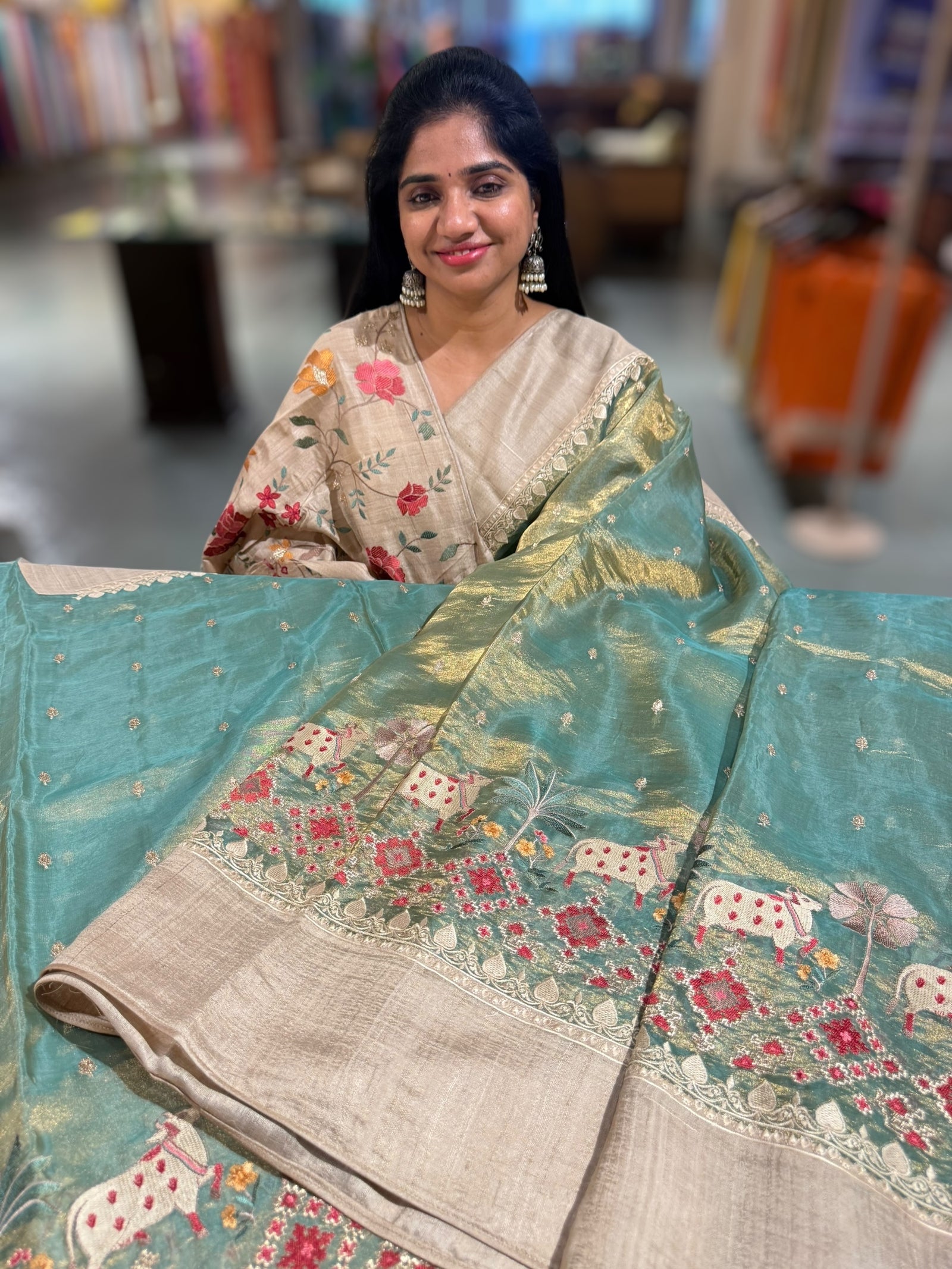 Mint Green Designer Tissue Saree