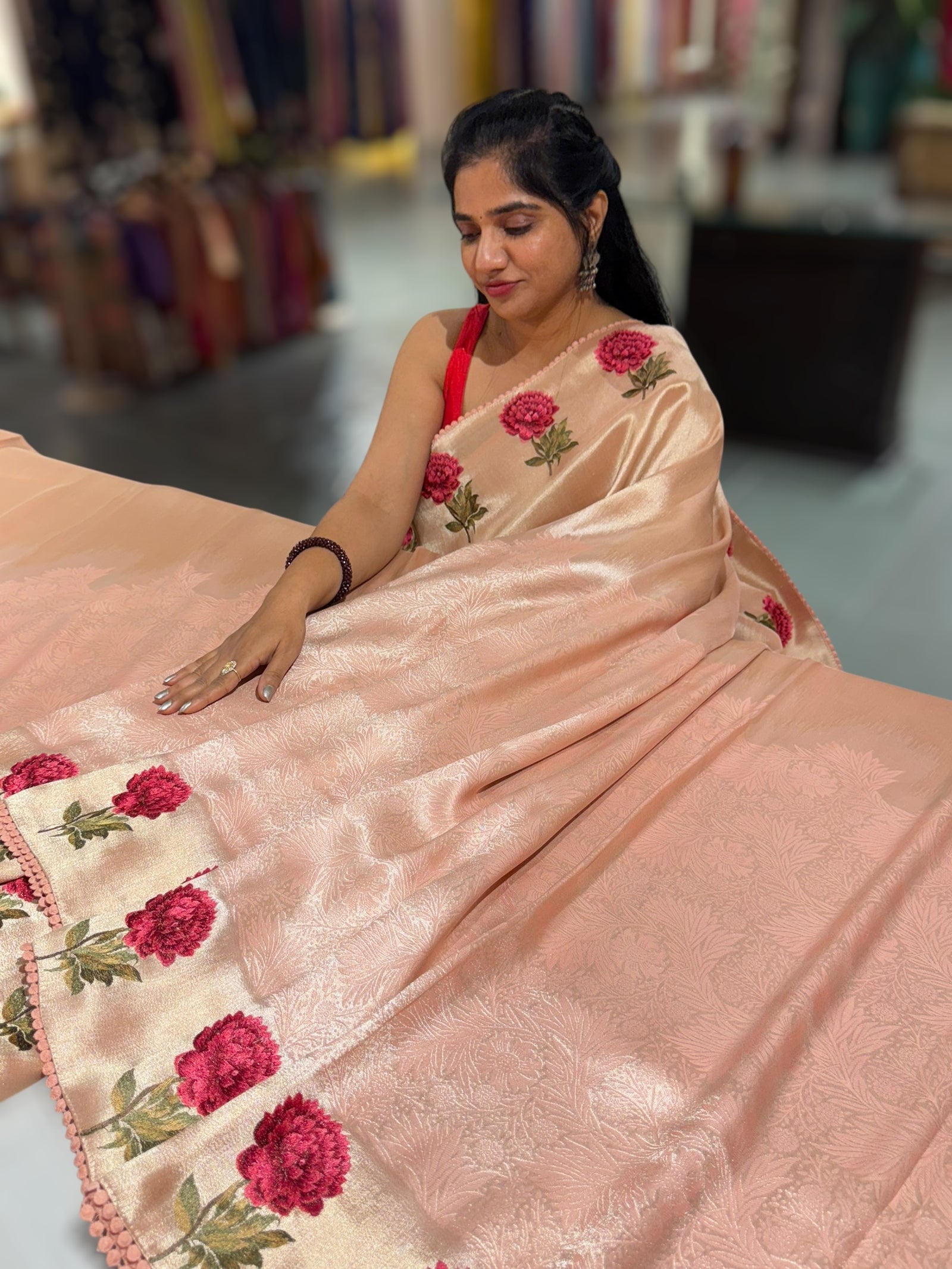 Peach pink Banarasi Brocade tissue saree with tonchui style weaving & embroidered dahlia flower border