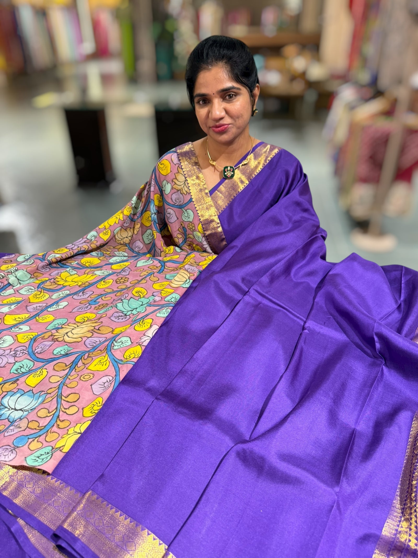 Brinjal vintage Kanchipuram silk saree with pen kalamkari blouse