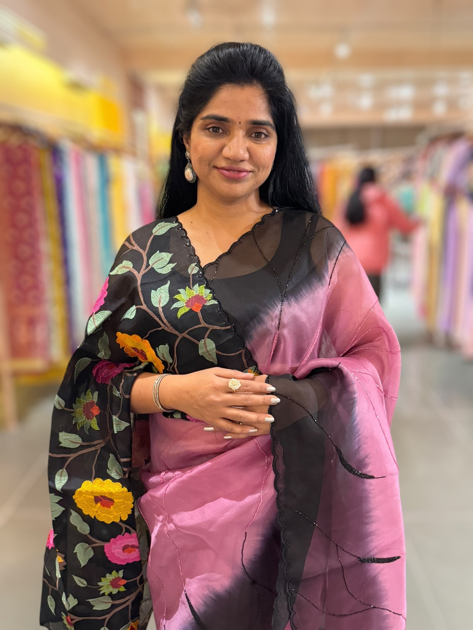 Rose Pink & Black Ombre Dyed Pure Organza handwork saree