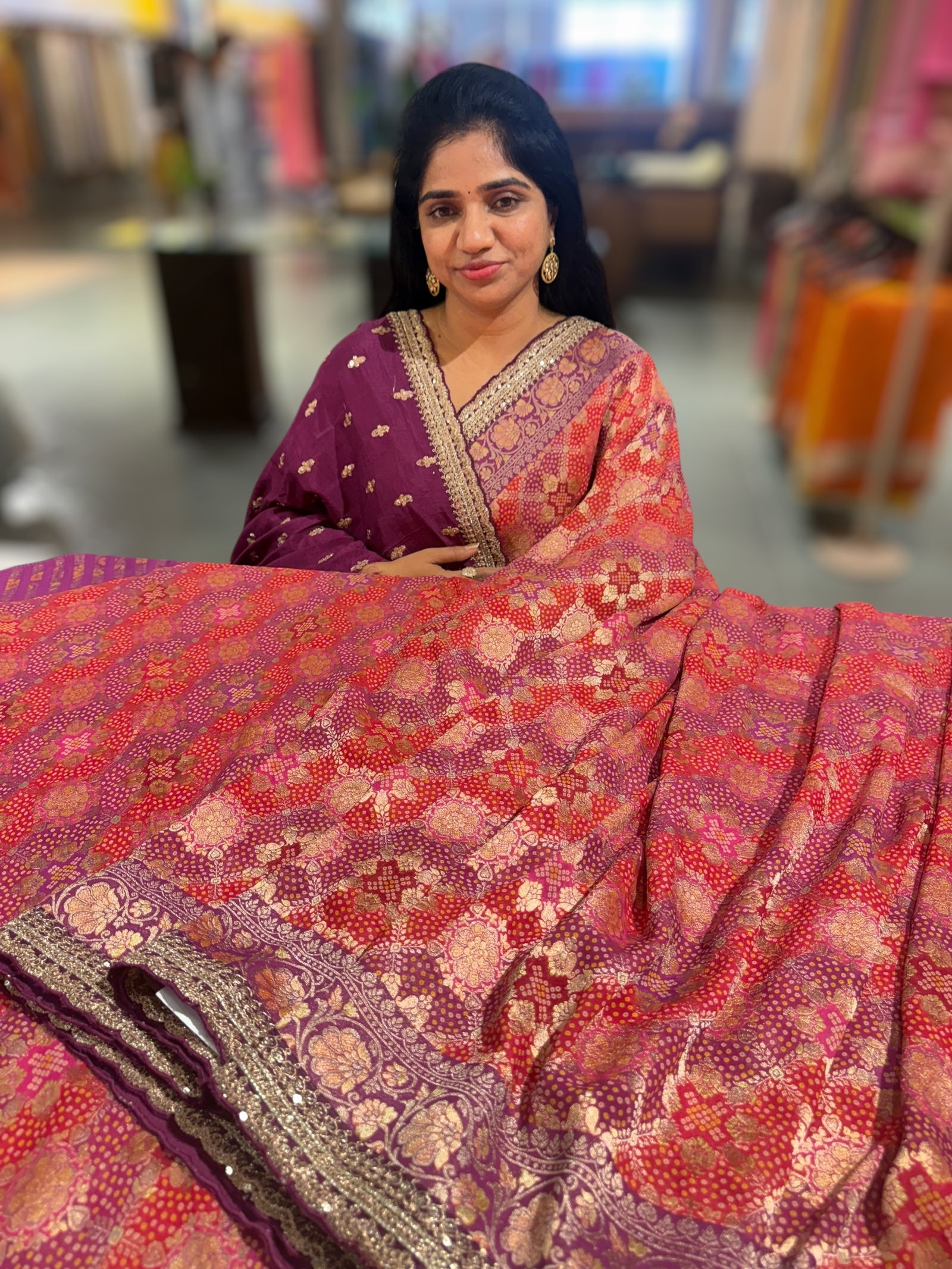 orangish Red & Wine Banarasi bandhini georgette