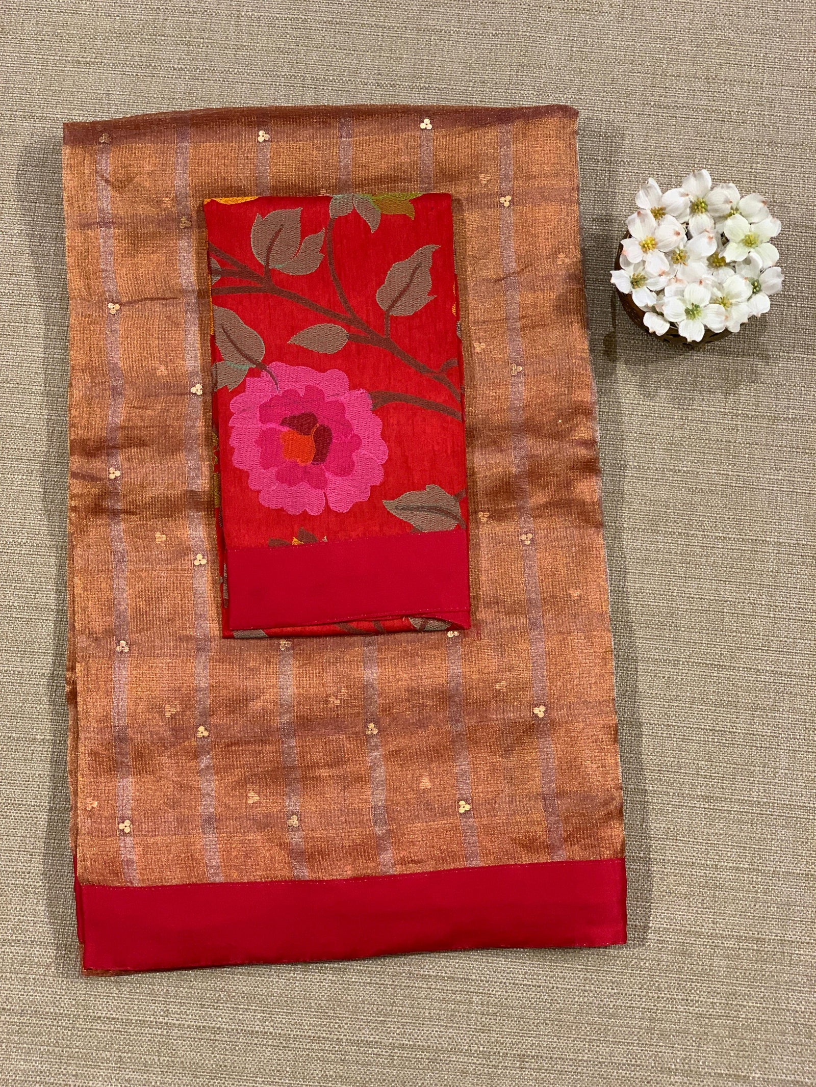 Red Tissue saree with kanchi silk embroidered blouse
