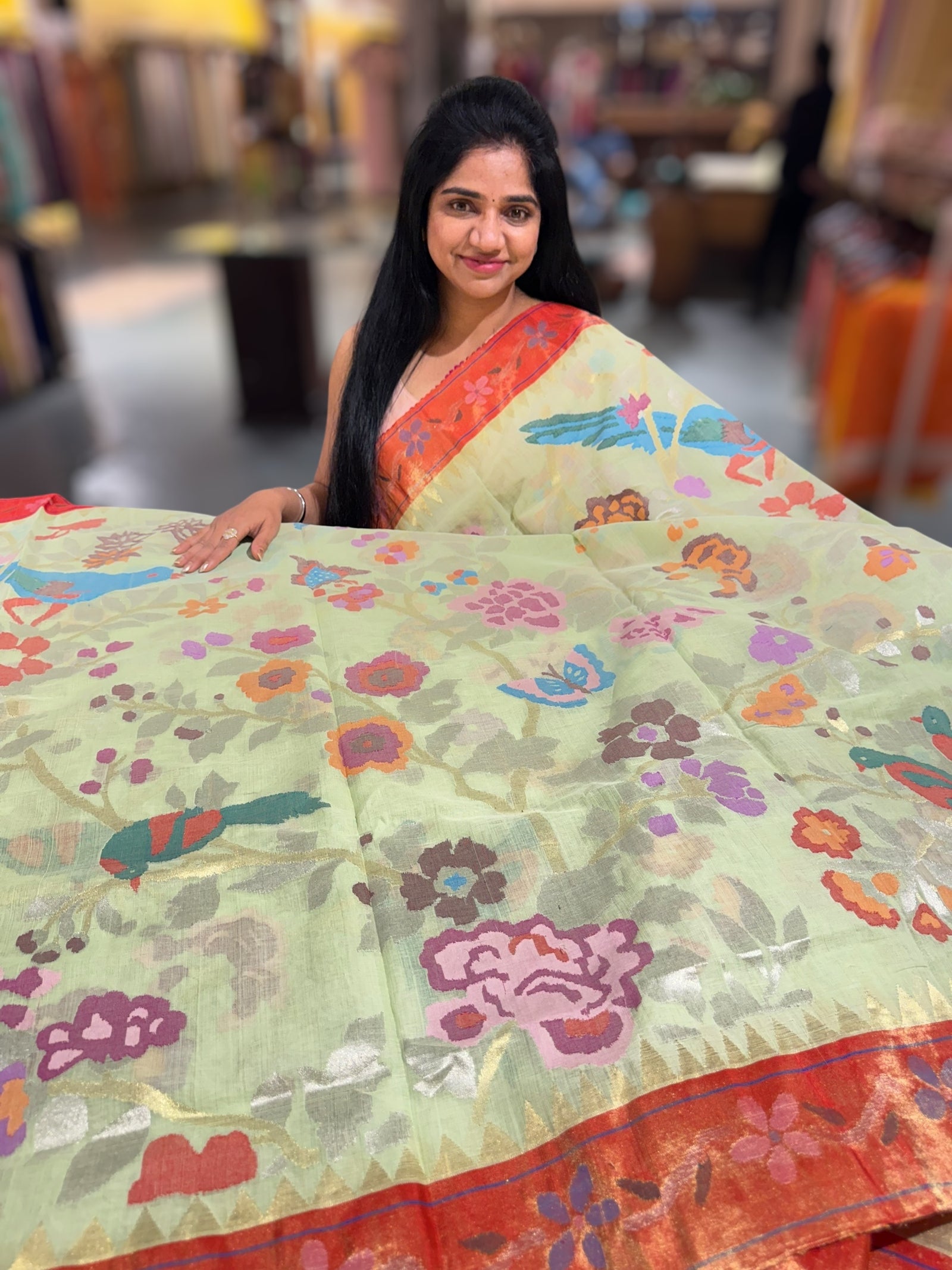 Mint allover ponduru khadi jamdani with paithani borders & Pallu