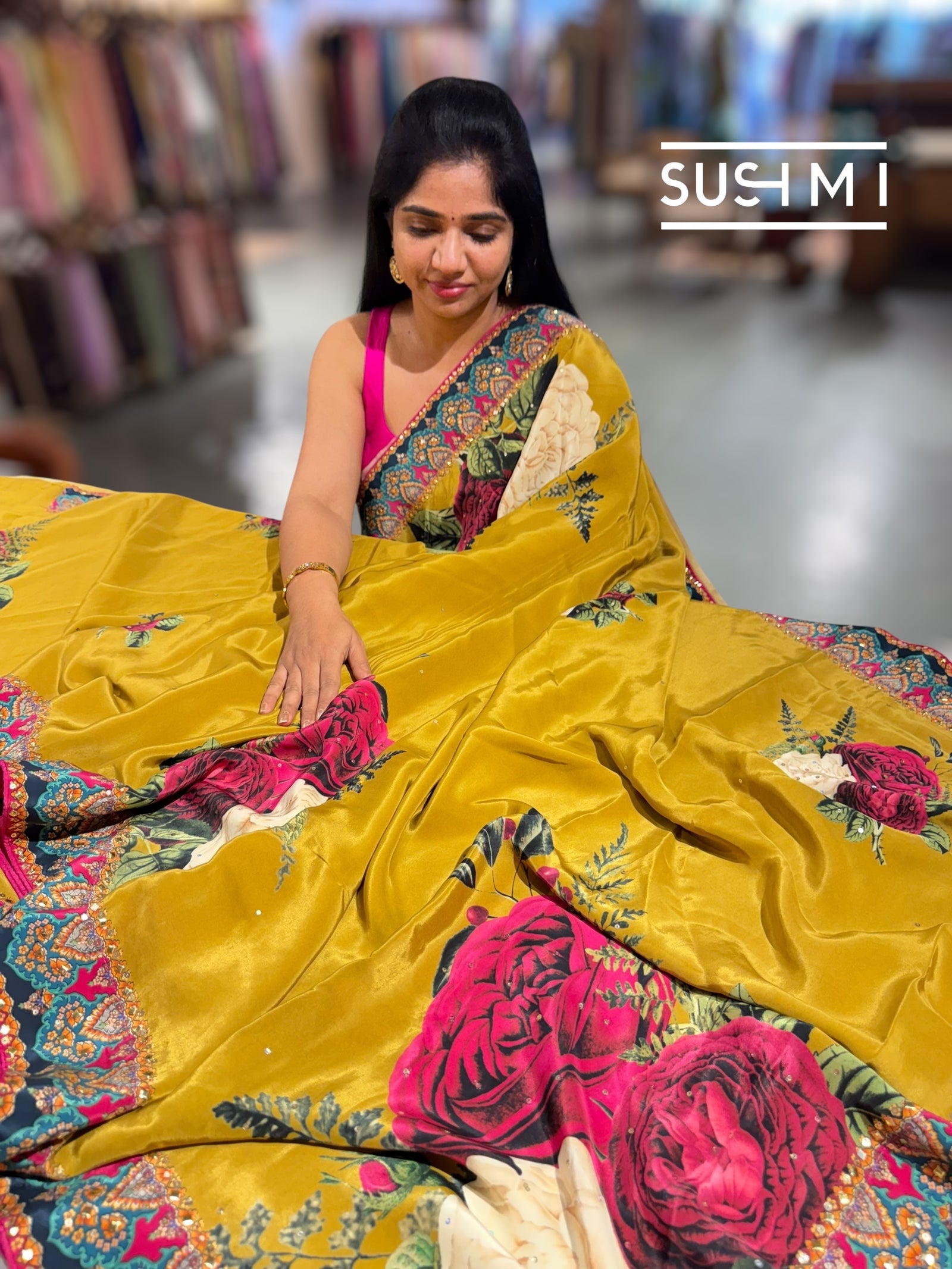 Mustard Gold Designer Crepe Silk Saree : D62F030