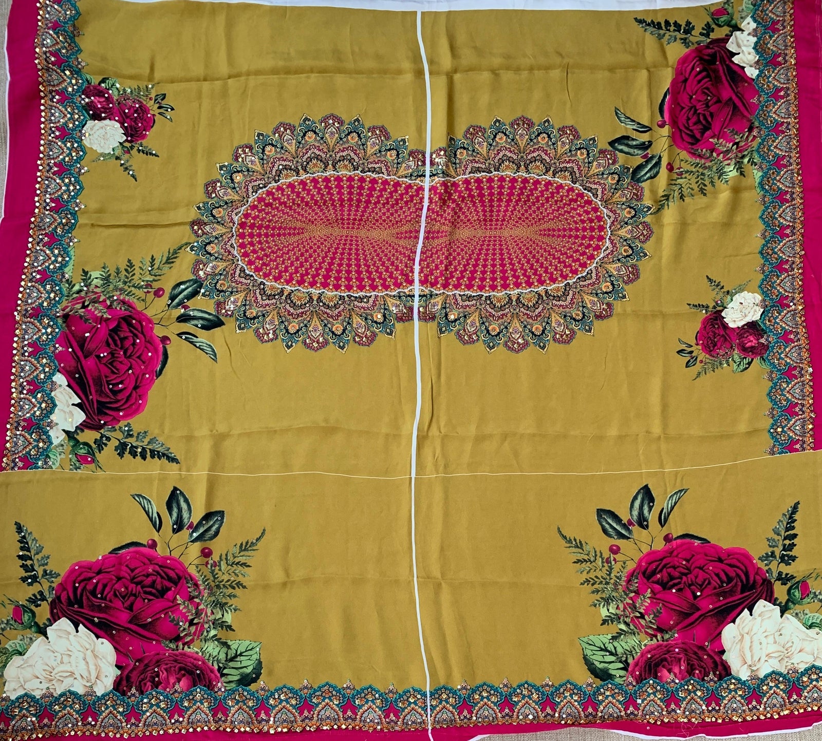 Mustard Gold Designer Crepe Silk Saree : D62F030