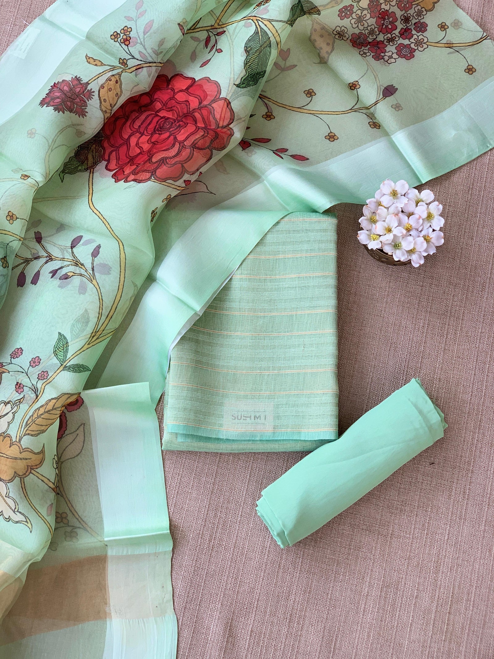 Mint Green Banarasi Chiniya Silk 3-pc Suit set : SS62J06