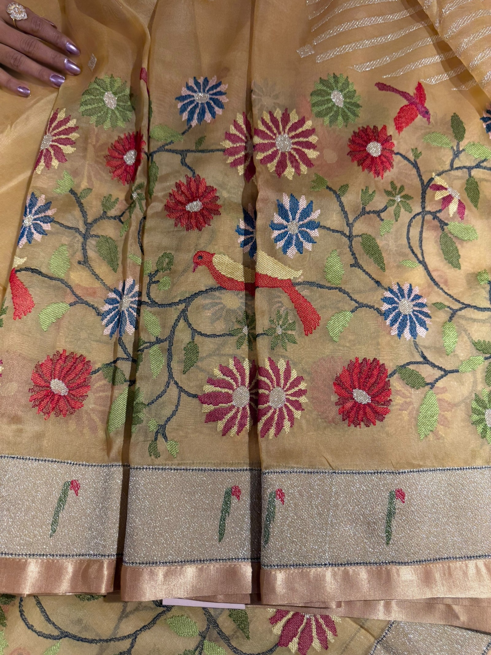 Sandalwood color Pure Organza Saree with pythani insipred embroidery