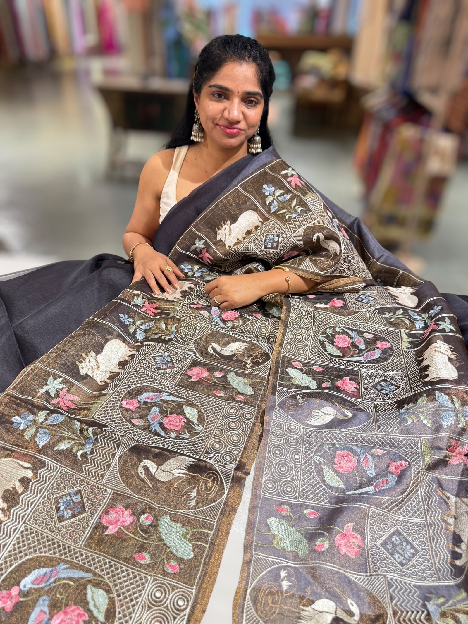 Black Kora-Tussar blend Handloom Saree with Tissue embroidered Skirt Border