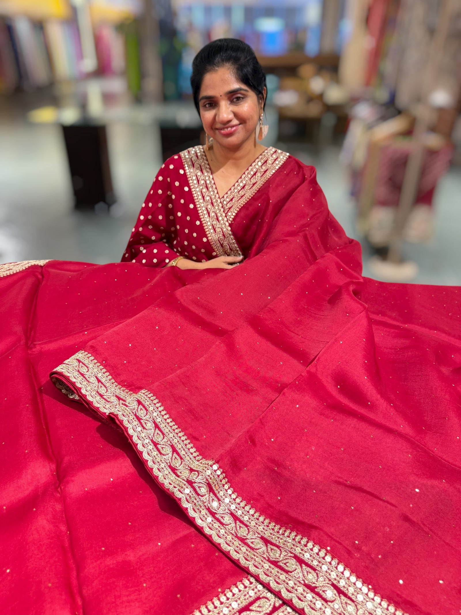 Maroon Red Pure Organza Saree with allover mukaish work & sabyasachi borders