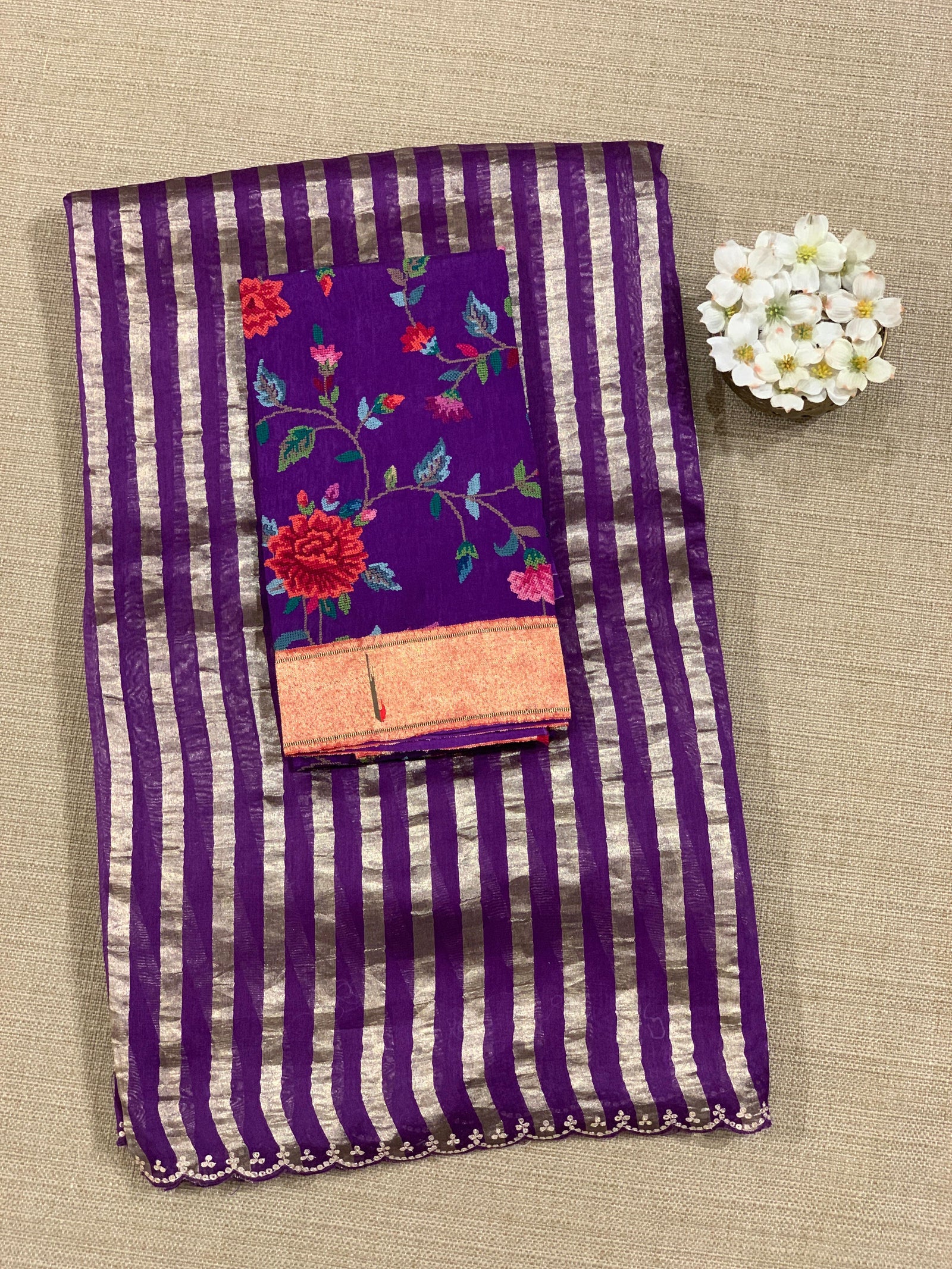 Purple Mul tissue stripes saree with fusion blouse : D62136