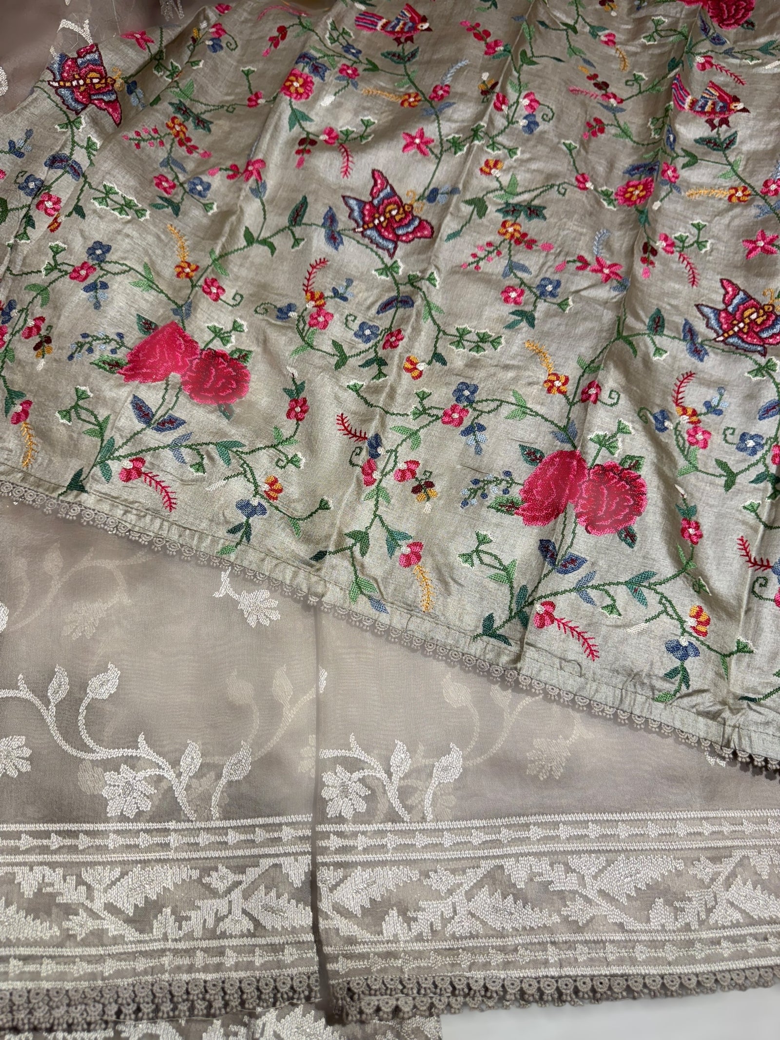 English Grey Pure Organza with jamdani inspired embroidery