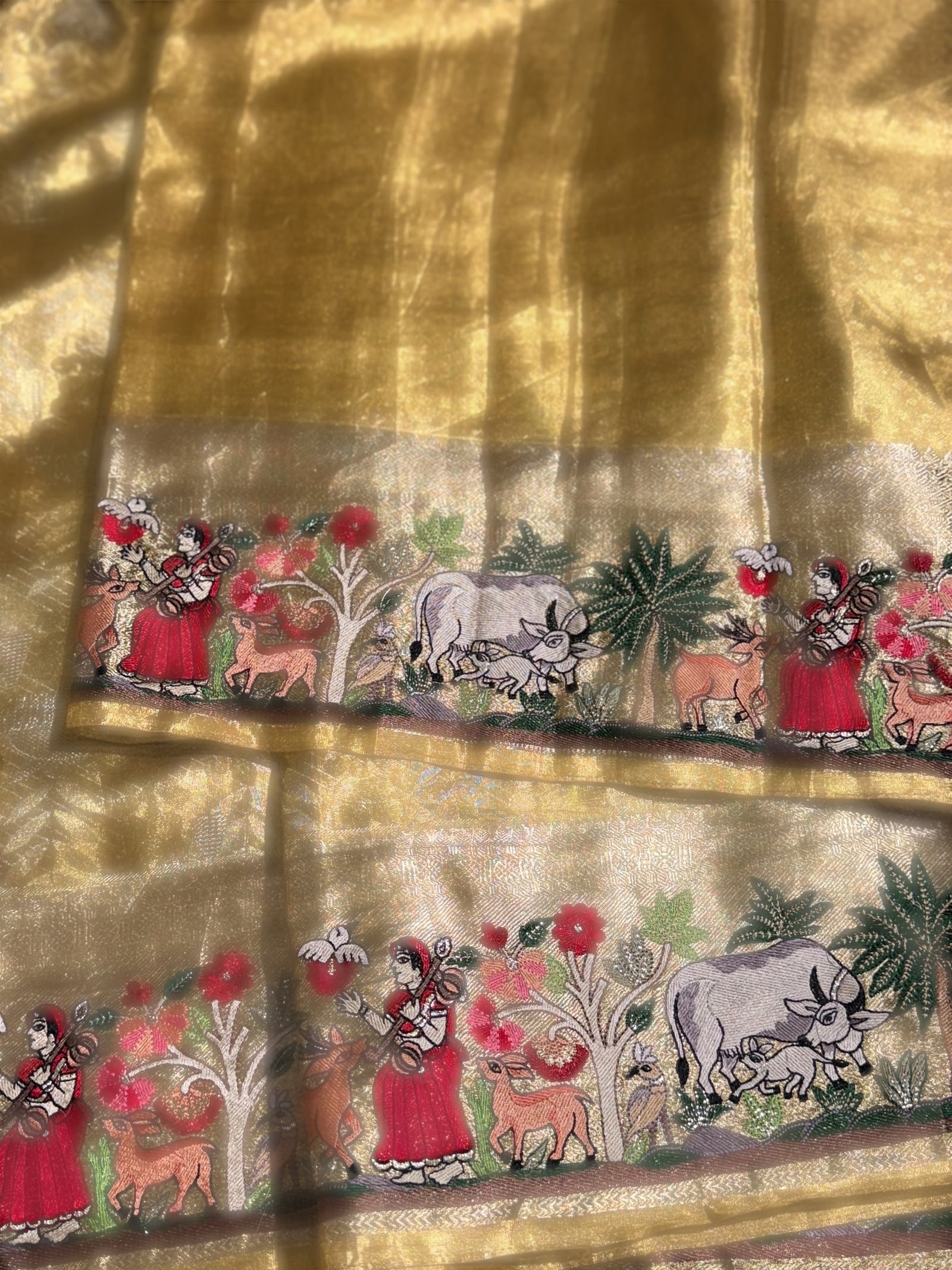 Gold Kanjeevaram Saree with Village Theme Embroidery