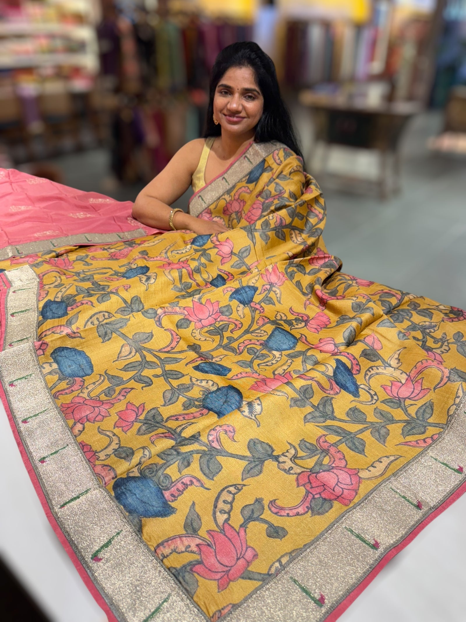 Pure Handloom Tussar kalamkari Saree with pythani single muniya borders