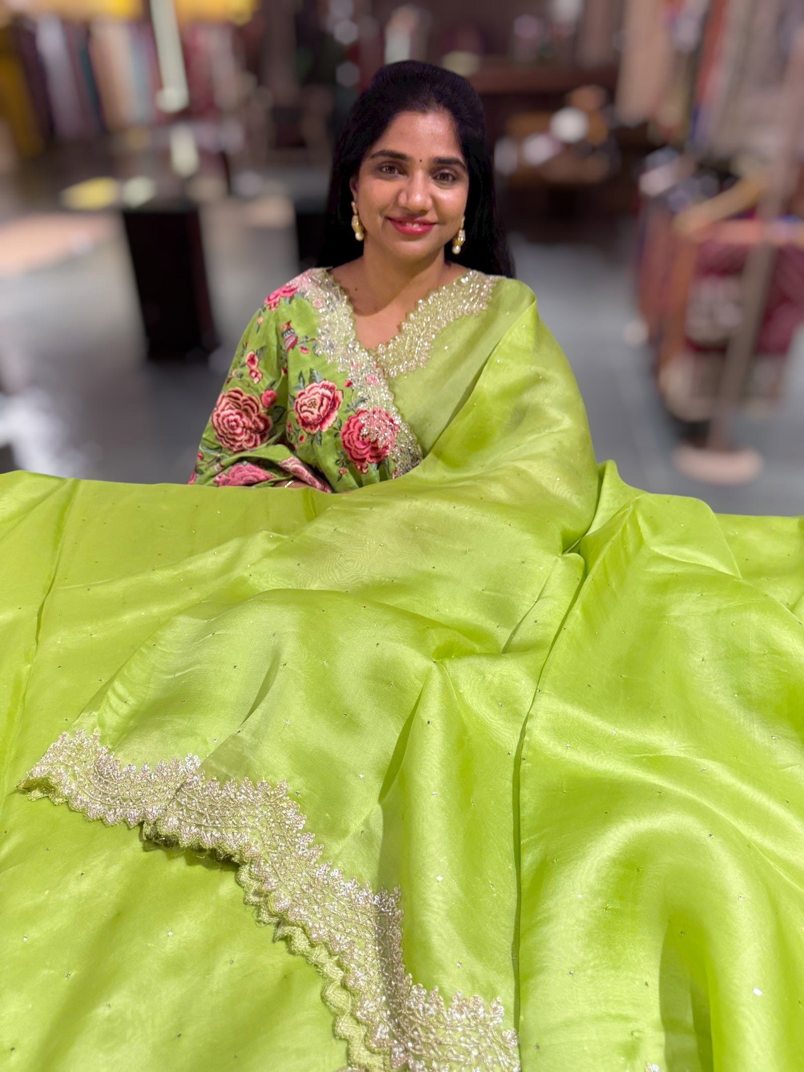 Apple Green Pure Organza Handwork Saree with heavy Designer Blouse