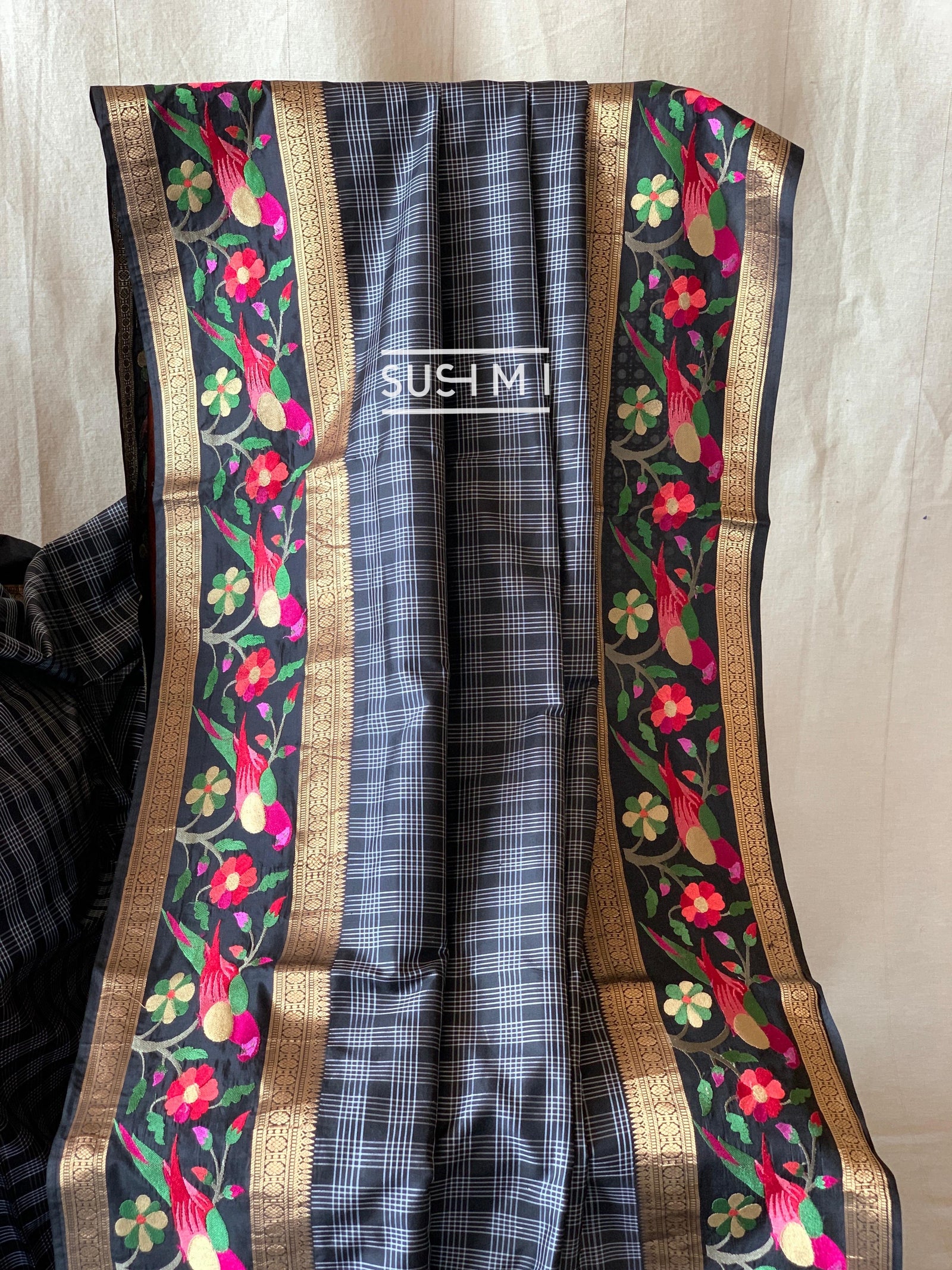 Black Vintage checks Kanjeevaram soft silk saree with embroidery D62F042