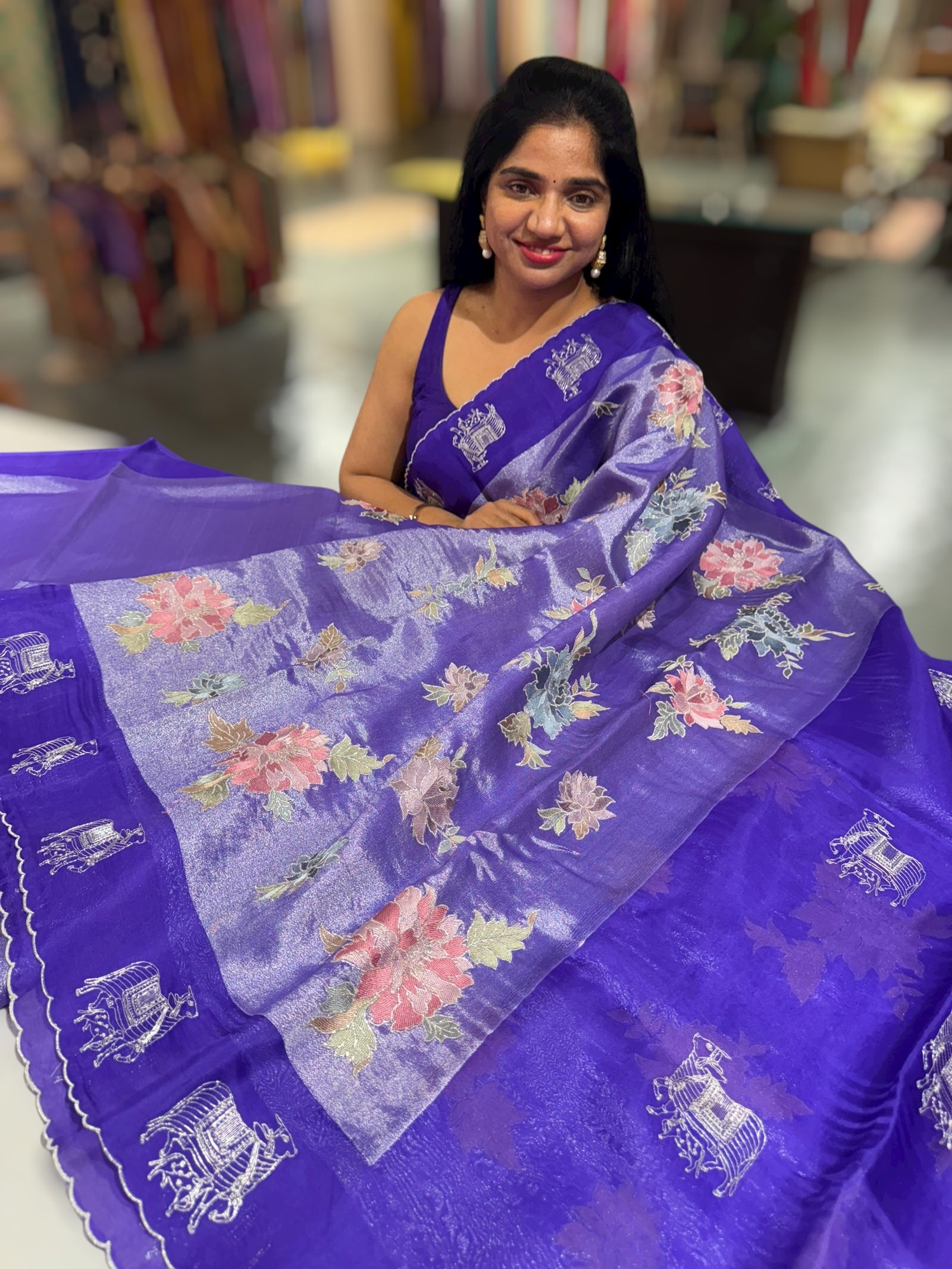 Purple Premium Handloom Designer Tissue saree with exquisite embroidery