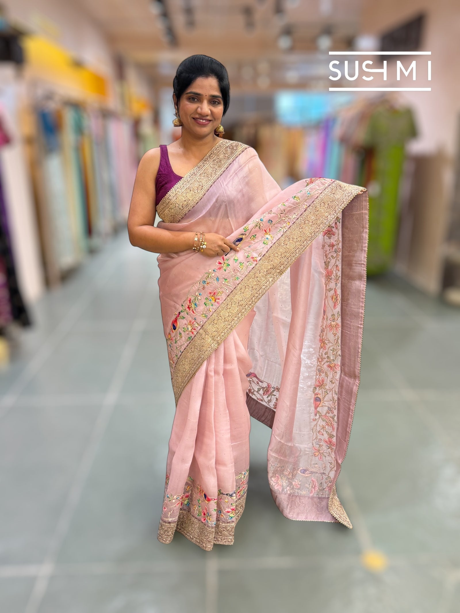 Dusty Pink Organza Banarasi Fusion Saree with Bird Appliqué : SM019