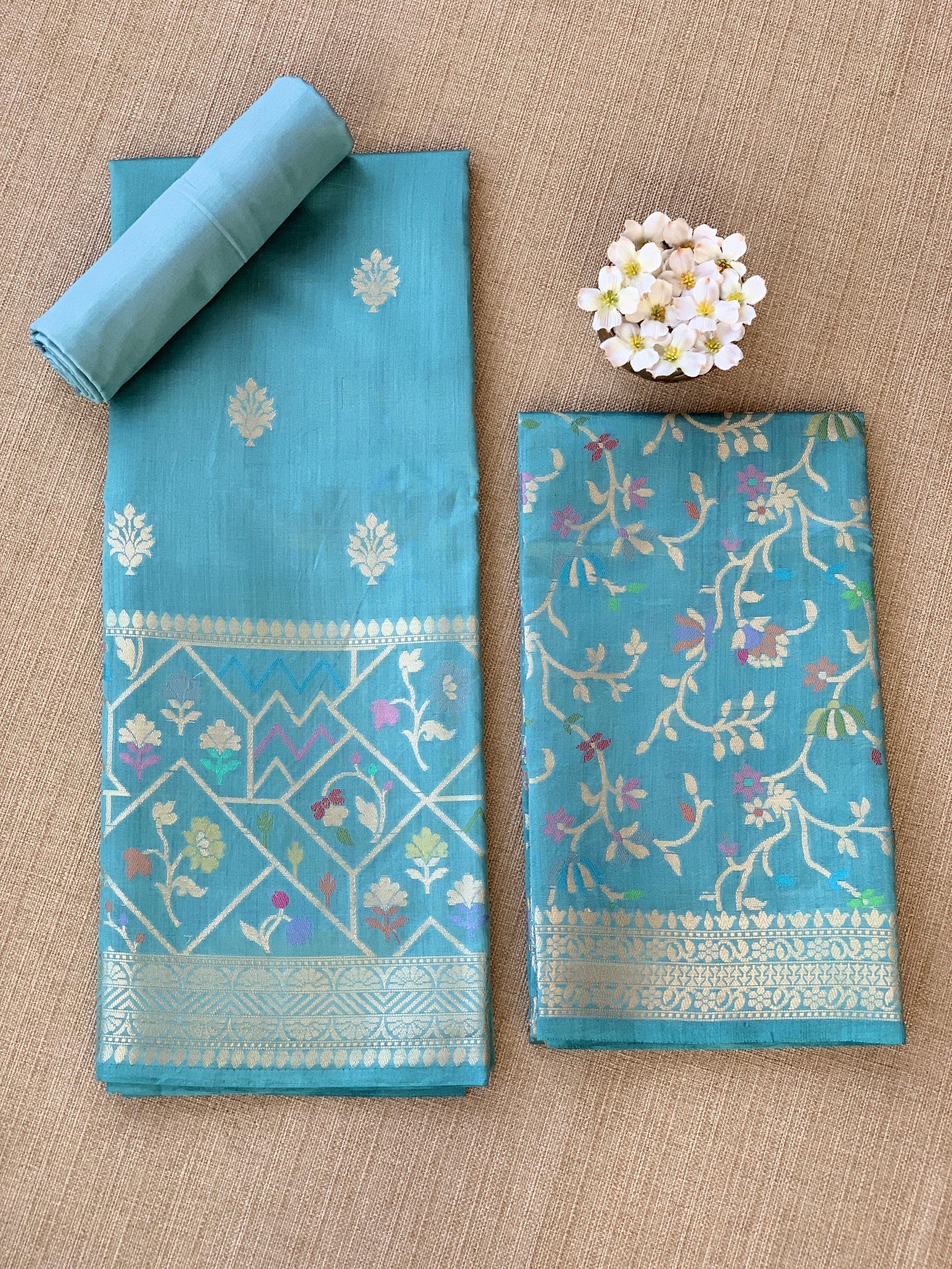 Powder Blue Banarasi Chiniya Silk 3-pc Suit set : SS62J02