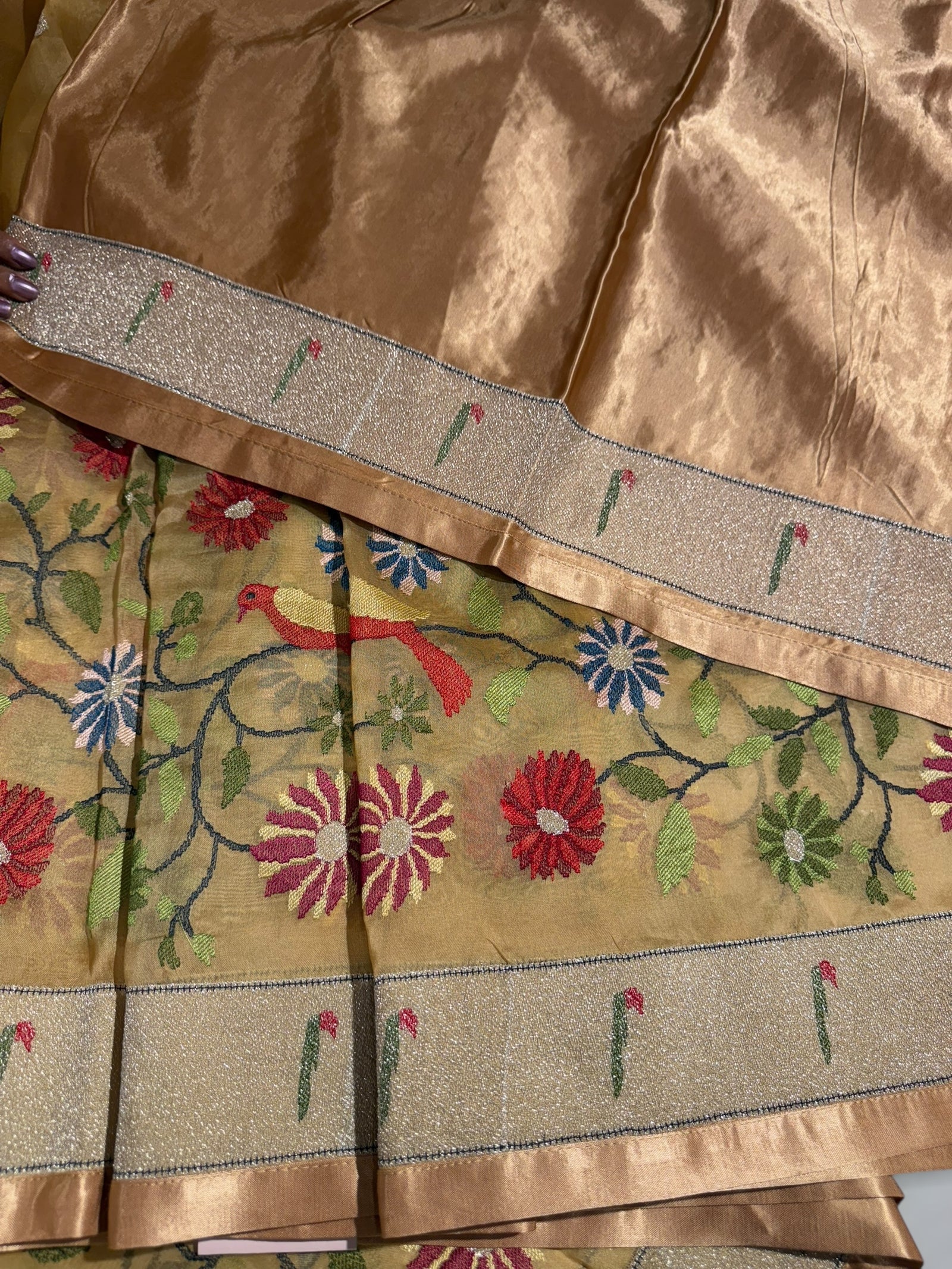 Sandalwood color Pure Organza Saree with pythani insipred embroidery