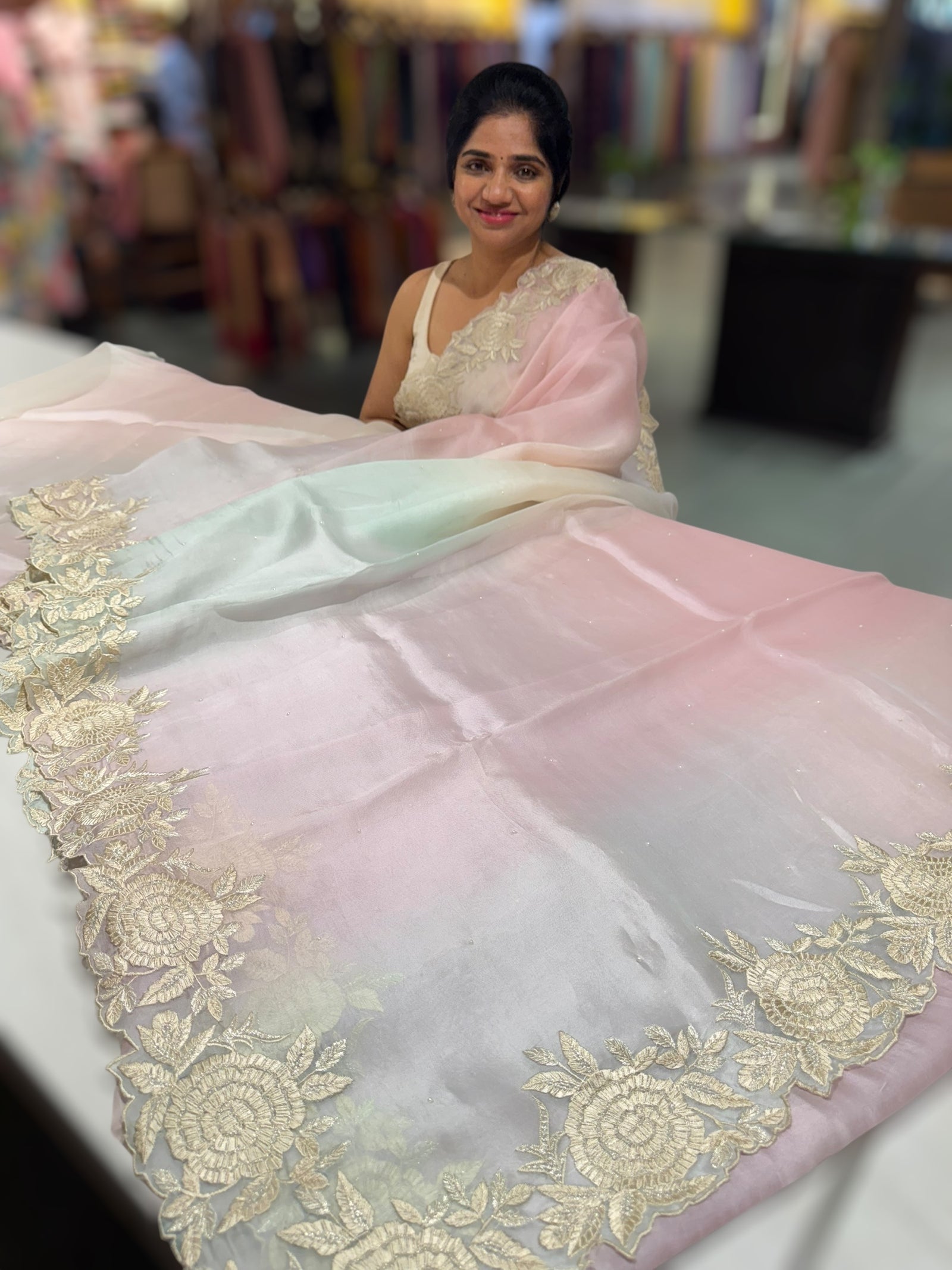 Ombre dyed Pure Organza Saree with parsi gara embroidery