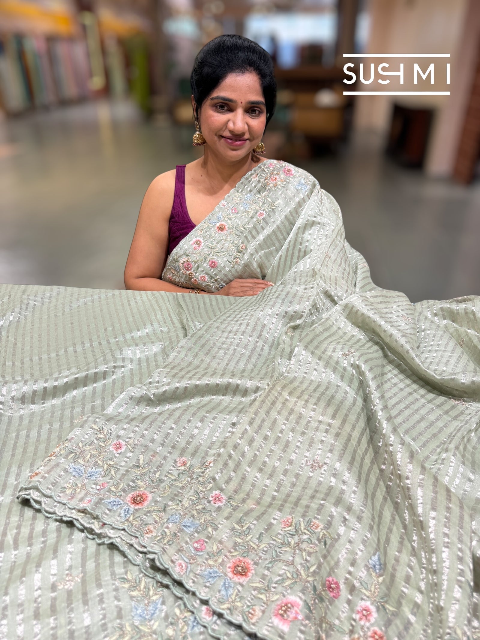 Mint mul tissue Saree with handcrafted floral border : SM024