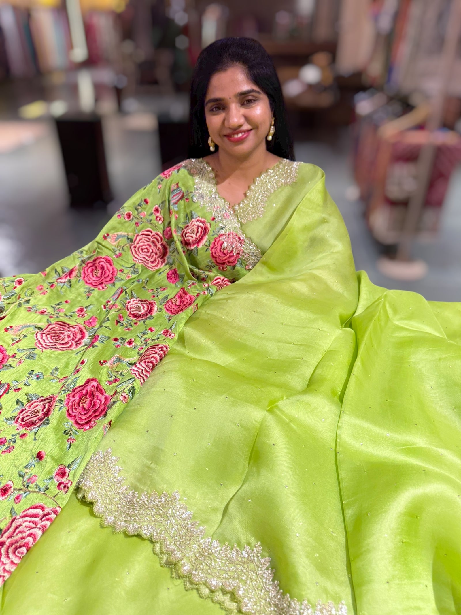 Apple Green Pure Organza Handwork Saree with heavy Designer Blouse