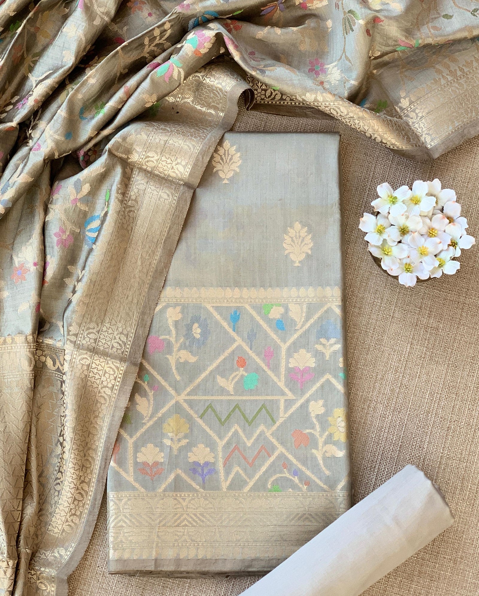 Earthy Tone Banarasi Chiniya Silk 3-pc Suit set : SS62J18