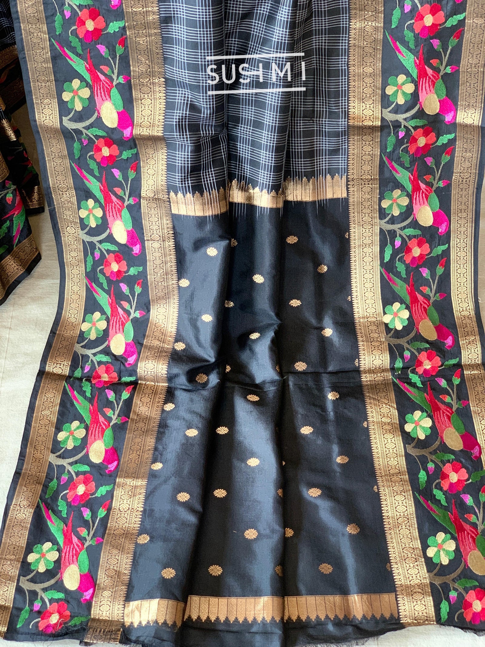 Black Vintage checks Kanjeevaram soft silk saree with embroidery D62F042