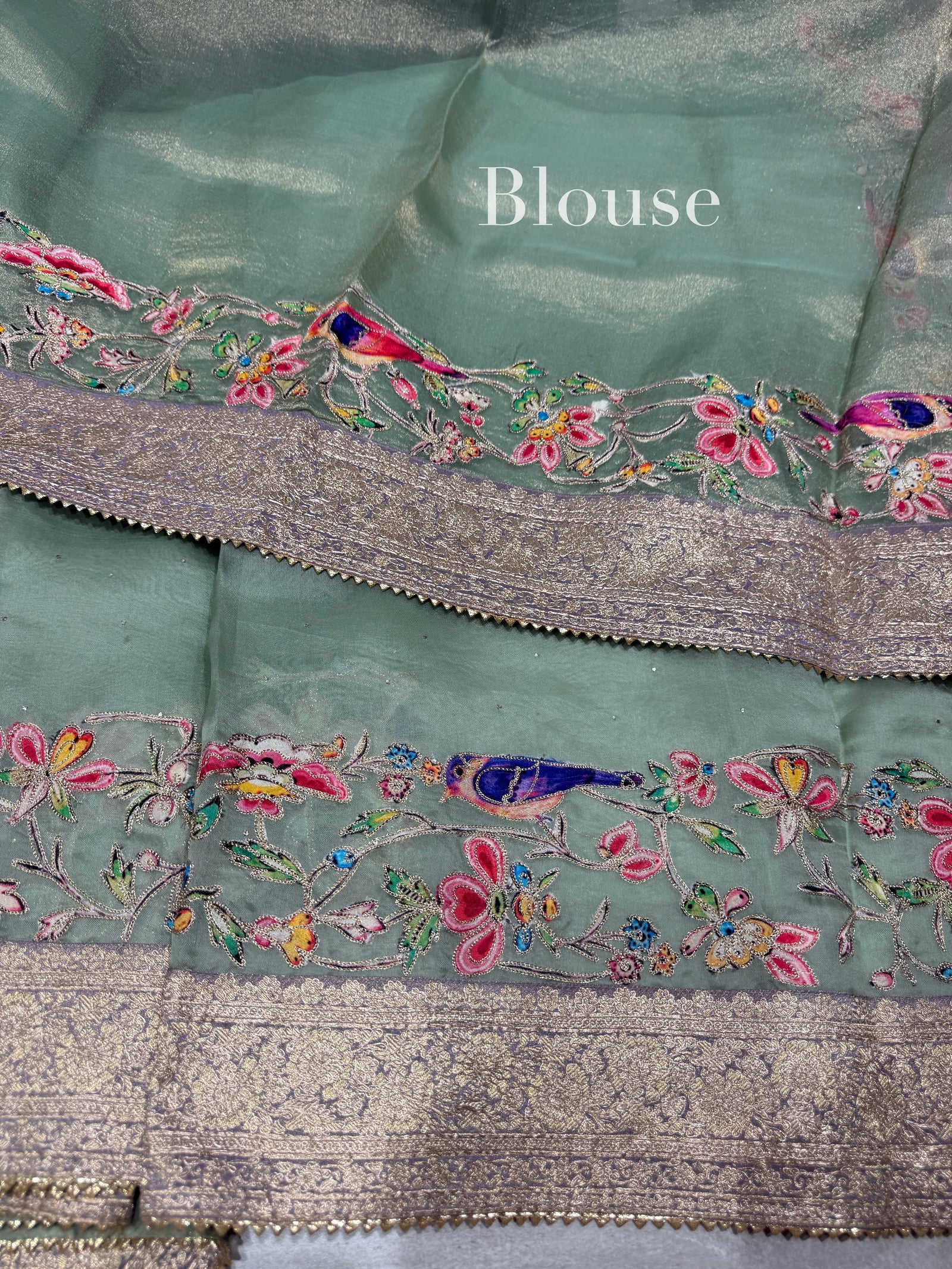 Mint Organza Banarasi Fusion Saree with Bird Appliqué : SM021