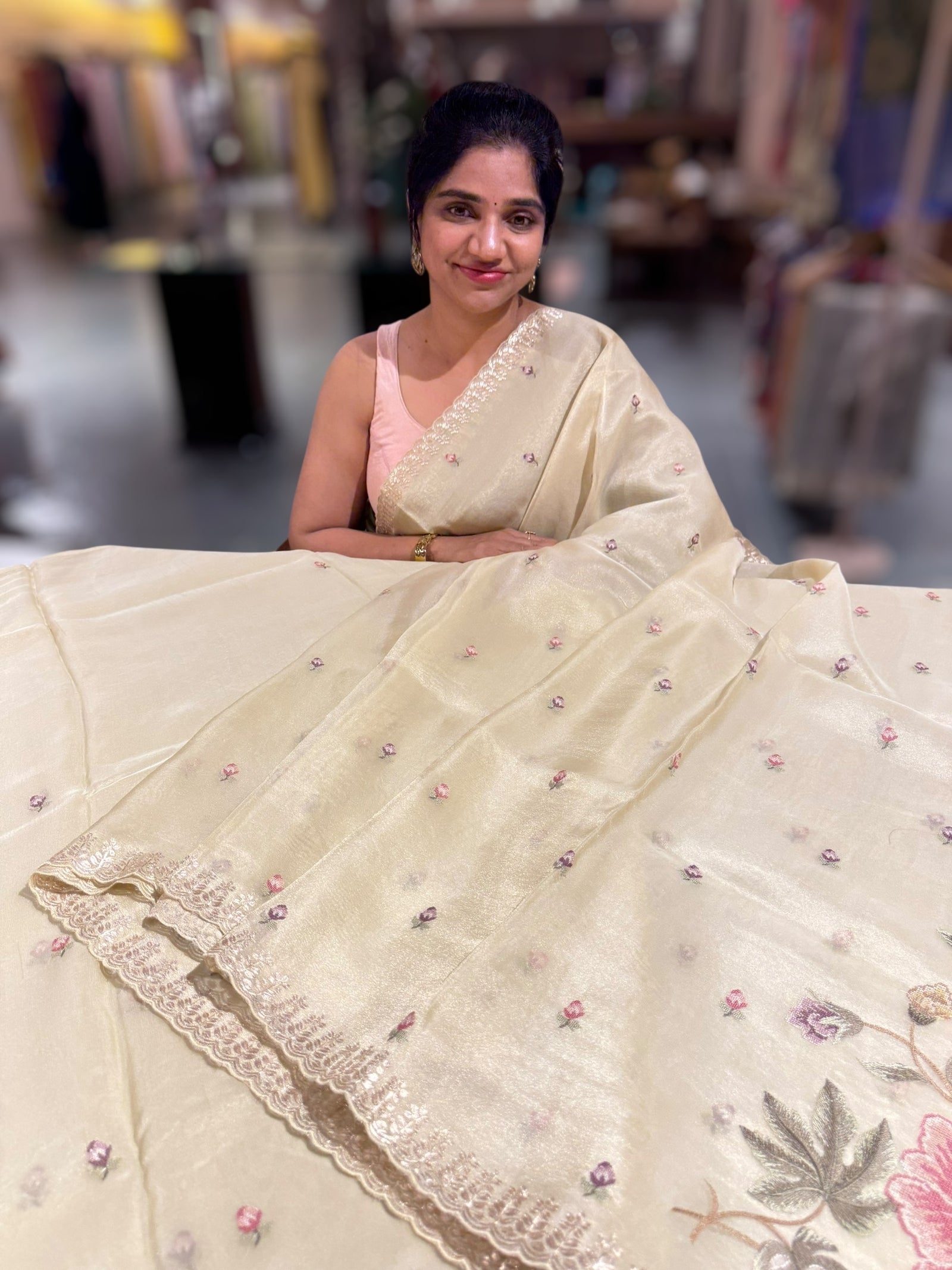 Ivory Tissue Georgette Saree with petite point emb