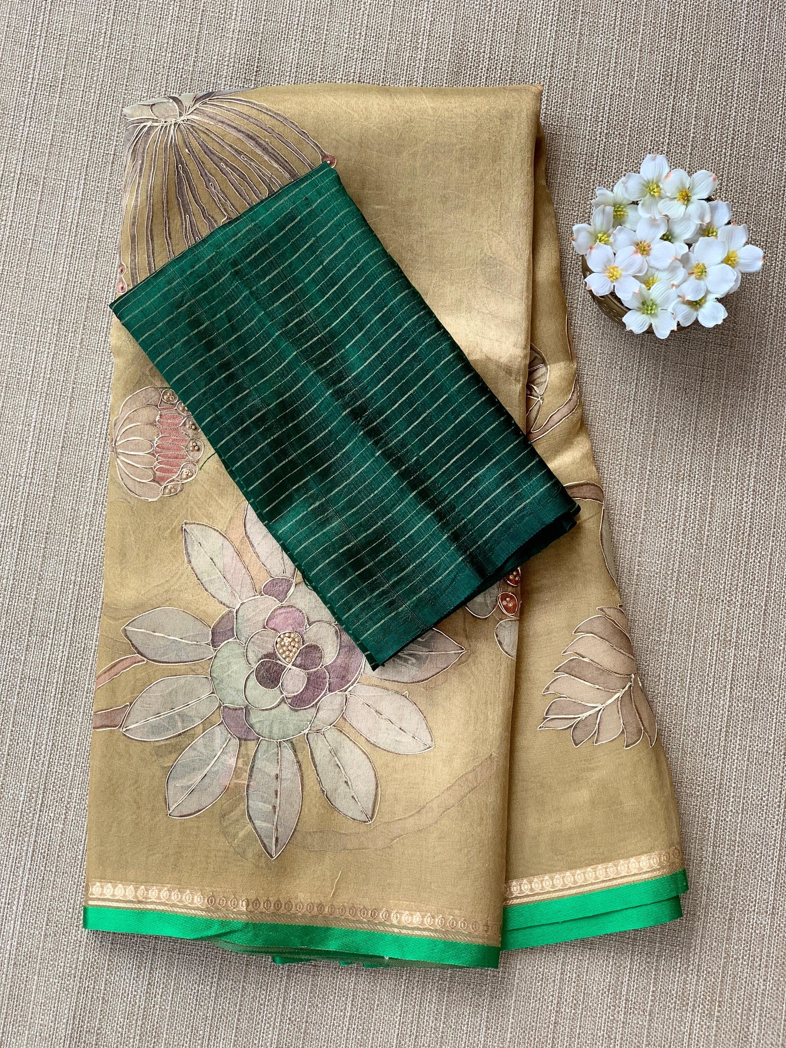 Gold Printed Banarasi Tissue with Handwork