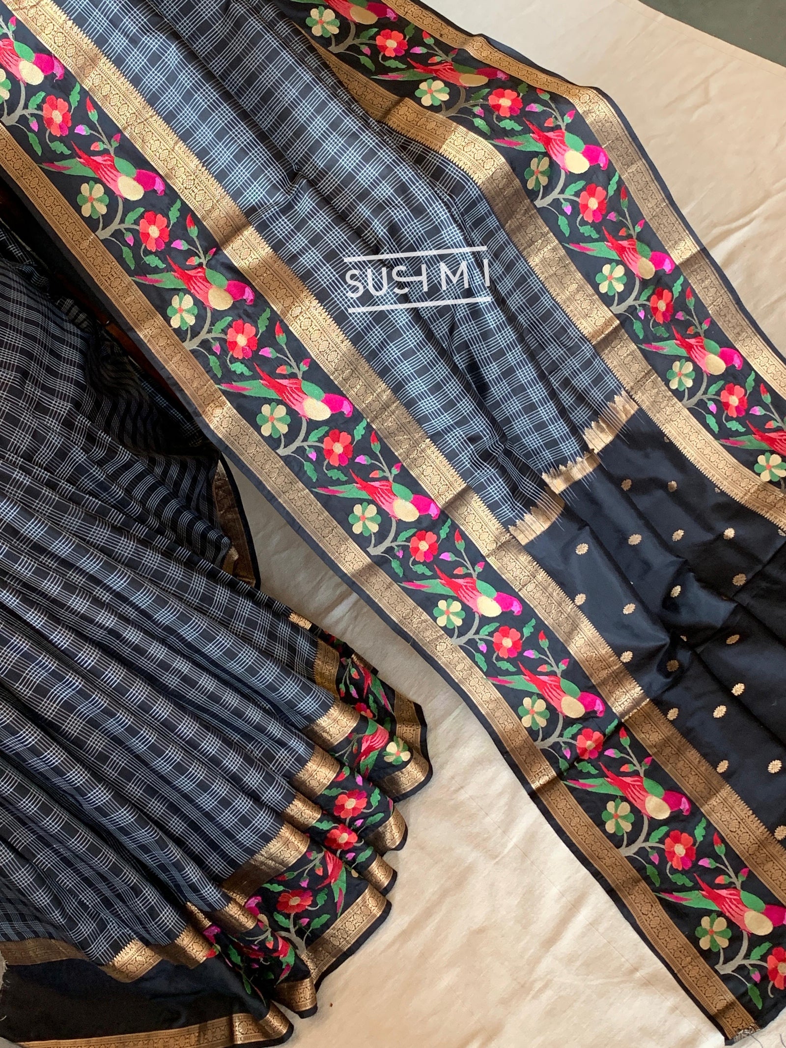 Black Vintage checks Kanjeevaram soft silk saree with embroidery D62F042