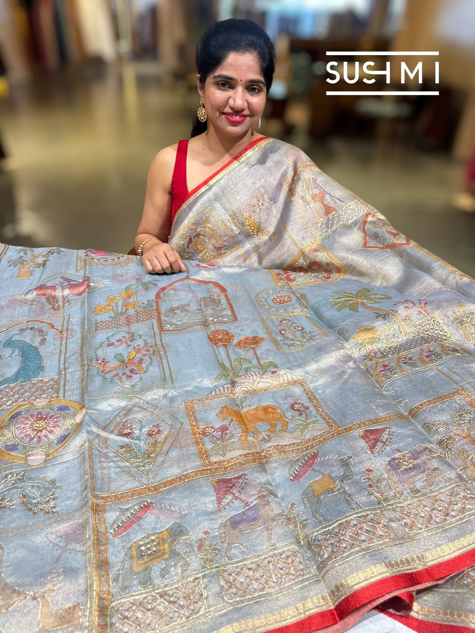Dusty Blue Banarasi printed Tissue saree with handwork D62F059