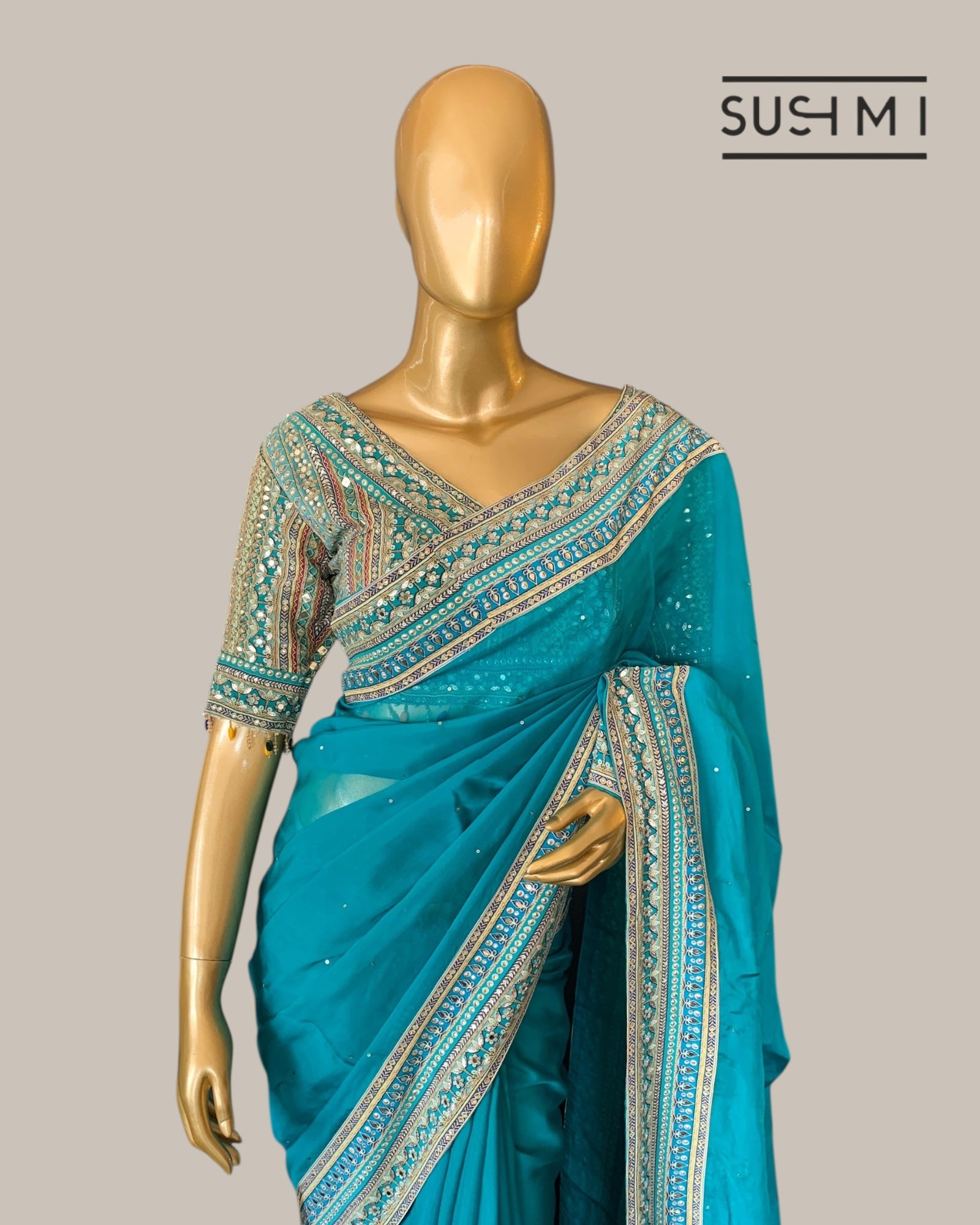 Teal DesignerOrganza saree