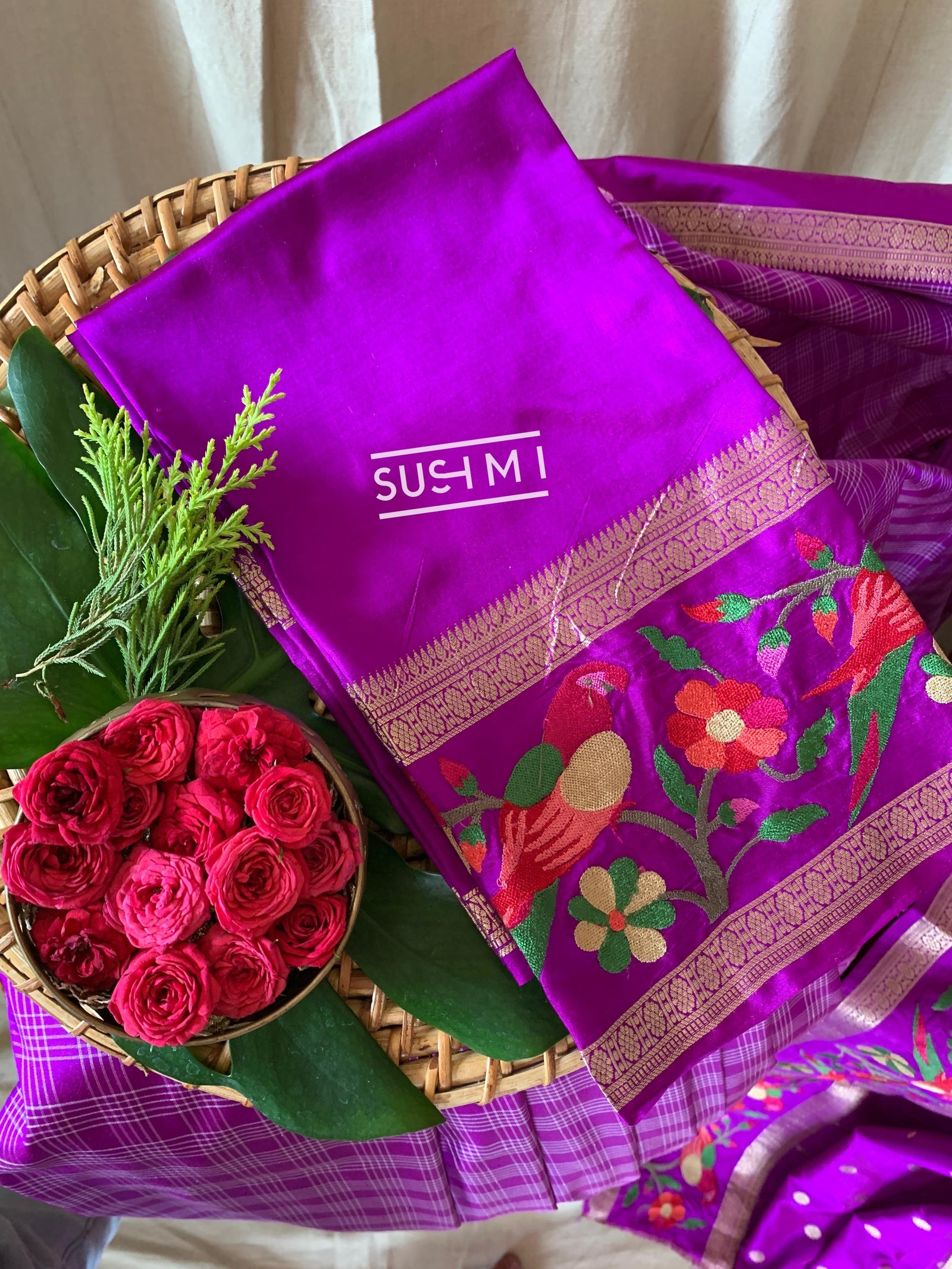 Majenta Vintage checks Kanjeevaram soft silk saree with embroidery D62F041